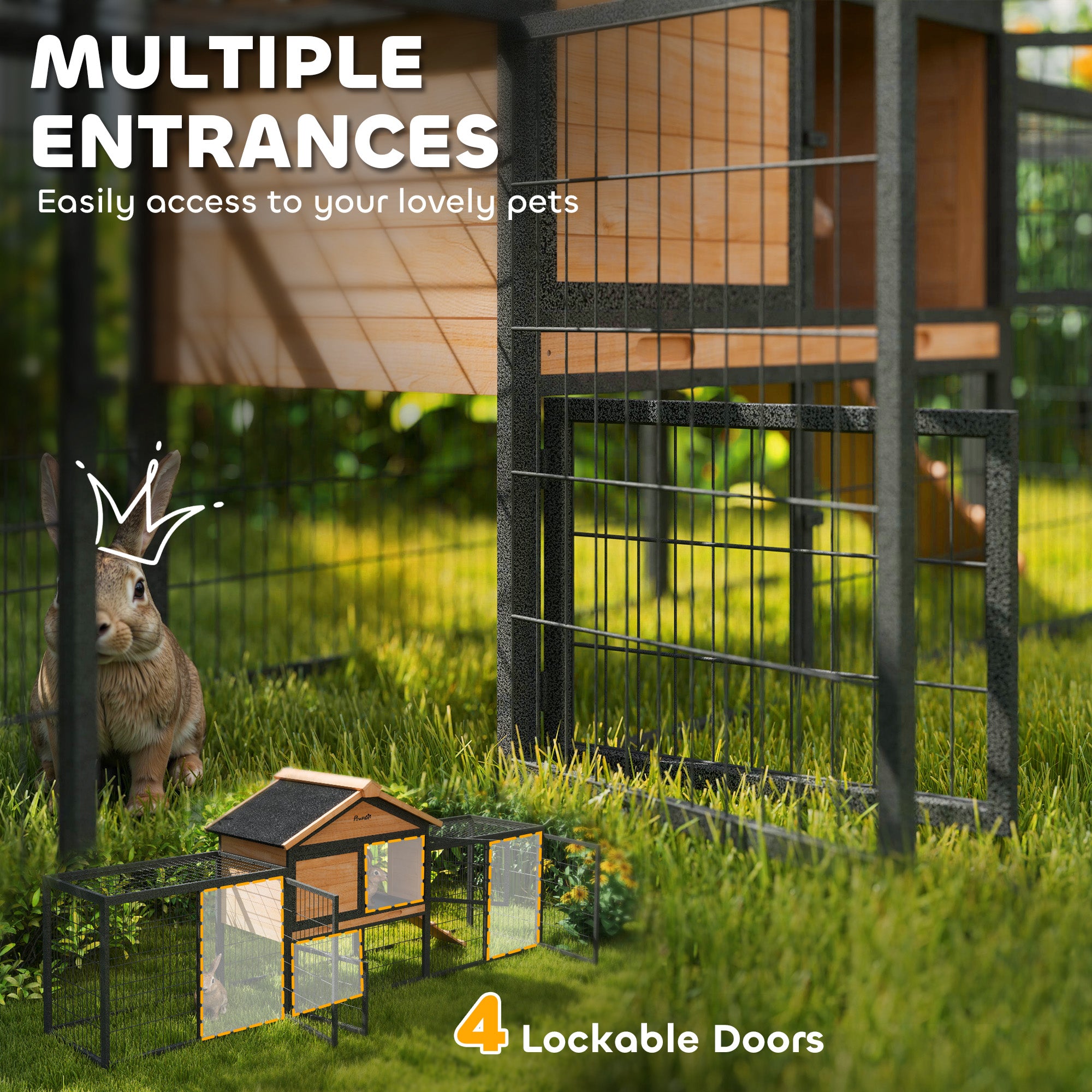 Rabbit Hutch Outdoor, Wooden Guinea Pig Hutch with Steel Run, Removable Leak Proof Tray, Water-Resistant Roof, Ramp, Small Animal House for 2-3 Bunnies, Guinea Pigs, 217 x 53 x 86 cm