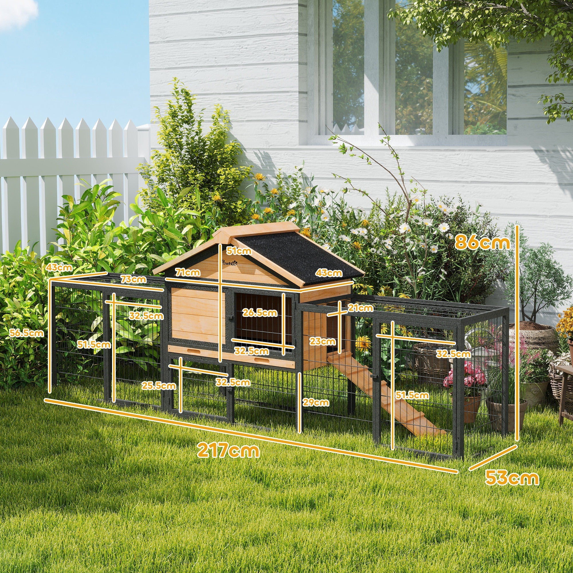 Rabbit Hutch Outdoor, Wooden Guinea Pig Hutch with Steel Run, Removable Leak Proof Tray, Water-Resistant Roof, Ramp, Small Animal House for 2-3 Bunnies, Guinea Pigs, 217 x 53 x 86 cm