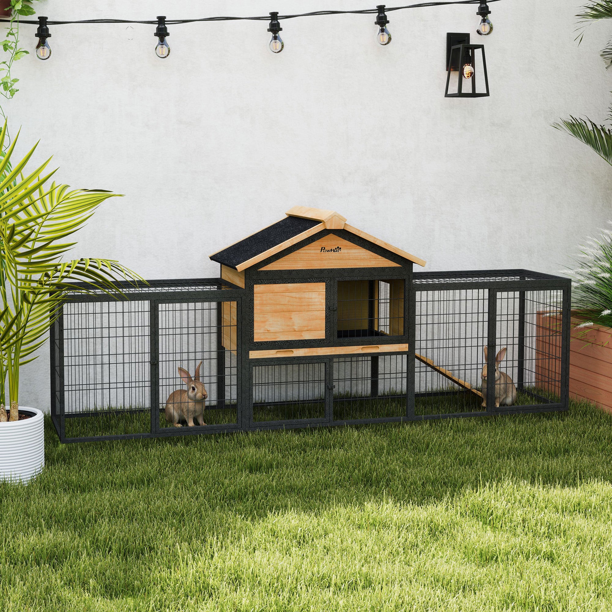 PawHut Rabbit Hutch Outdoor, 85" Large Wooden Bunny Cage with Steel Run, Removable No Leakage Tray, Waterproof Roof, Ramp, Metal Frame Guinea Pig Cage for 2-3 Small Animals Backyard Garden, Yellow