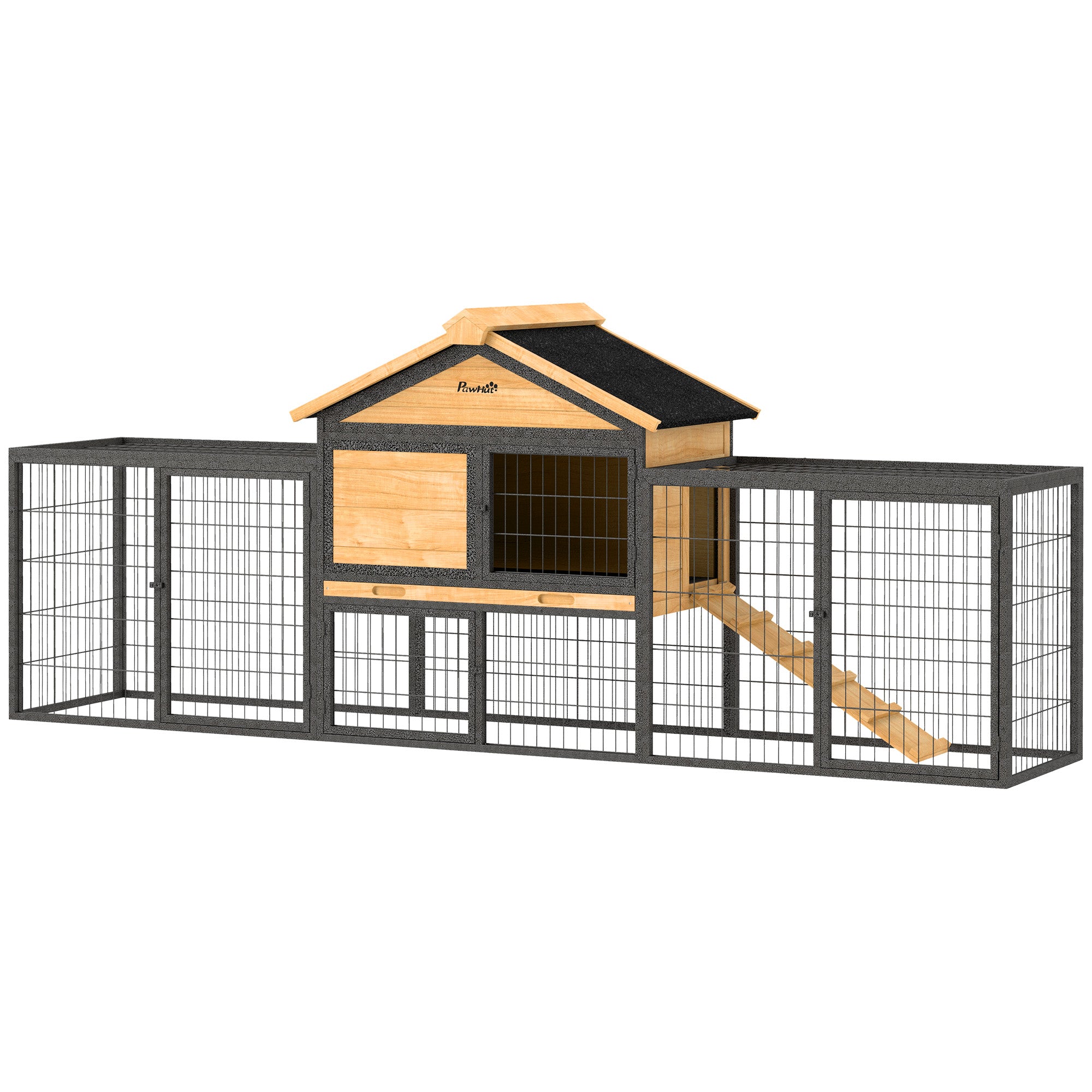 PawHut Rabbit Hutch Outdoor, 85" Large Wooden Bunny Cage with Steel Run, Removable No Leakage Tray, Waterproof Roof, Ramp, Metal Frame Guinea Pig Cage for 2-3 Small Animals Backyard Garden, Yellow