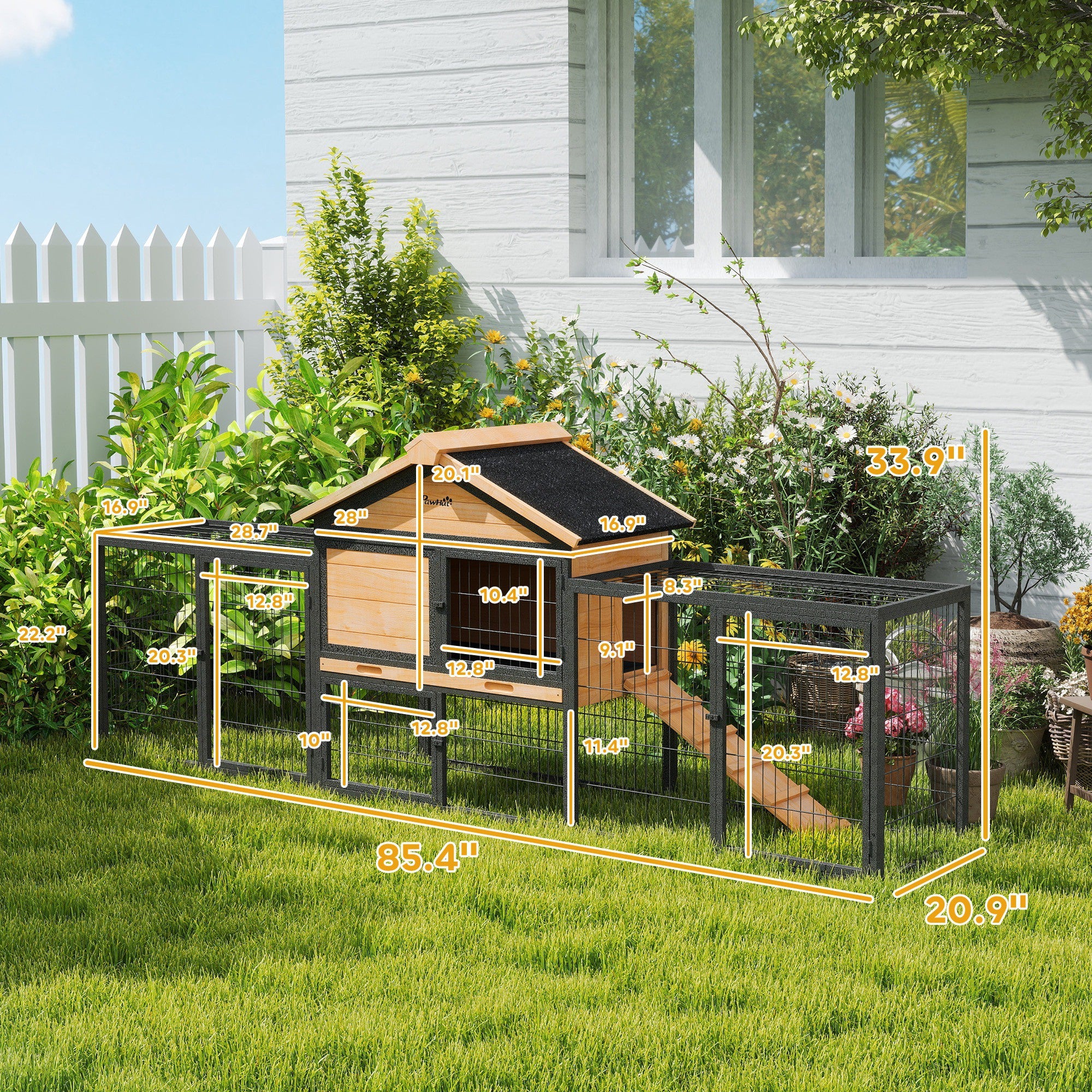 PawHut Rabbit Hutch Outdoor, 85" Large Wooden Bunny Cage with Steel Run, Removable No Leakage Tray, Waterproof Roof, Ramp, Metal Frame Guinea Pig Cage for 2-3 Small Animals Backyard Garden, Yellow