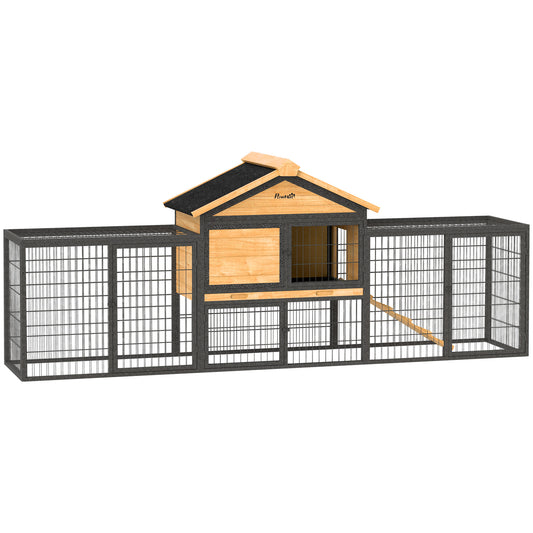 PawHut Rabbit Hutch Outdoor, 85" Large Wooden Bunny Cage with Steel Run, Removable No Leakage Tray, Waterproof Roof, Ramp, Metal Frame Guinea Pig Cage for 2-3 Small Animals Backyard Garden, Yellow