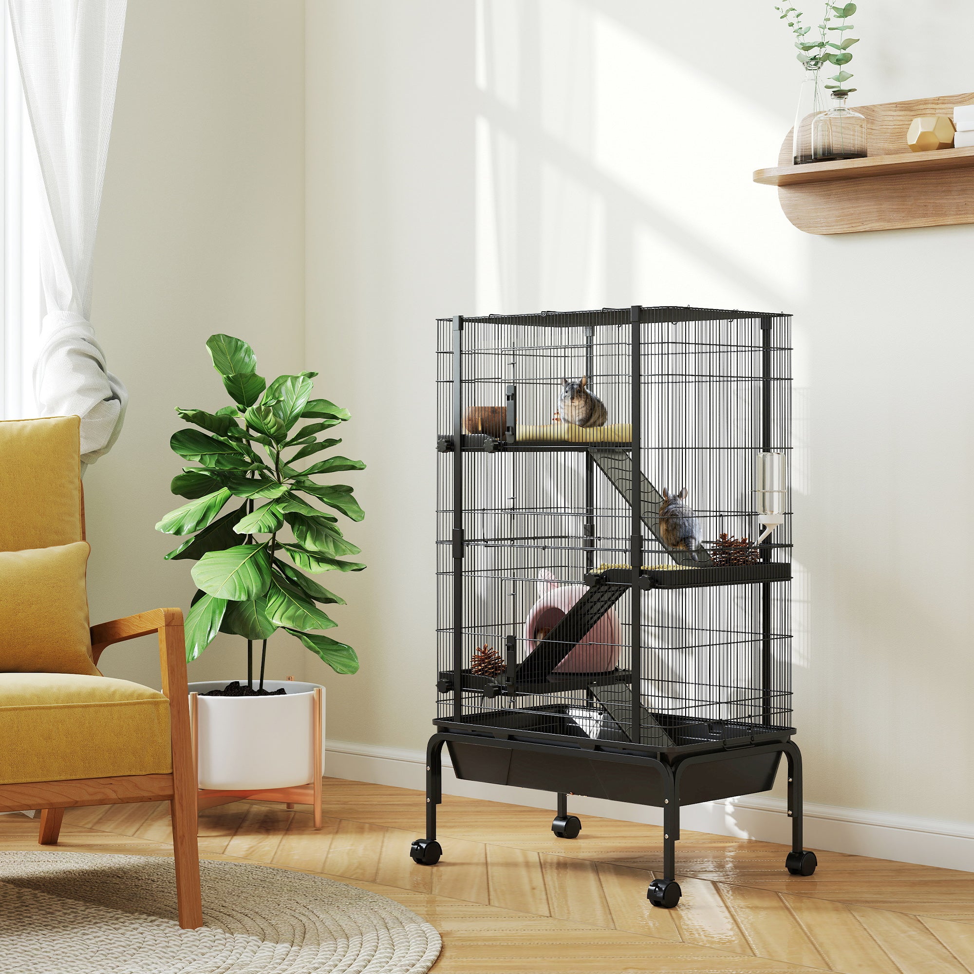 47"H Ferret Cage, Large 4-Tier Guinea Pig Cage with Wheels, Ramps, Bowl, Water Bottle & Removable Tray, Metal Small Animal Habitat for Rabbits, Chinchillas, Black
