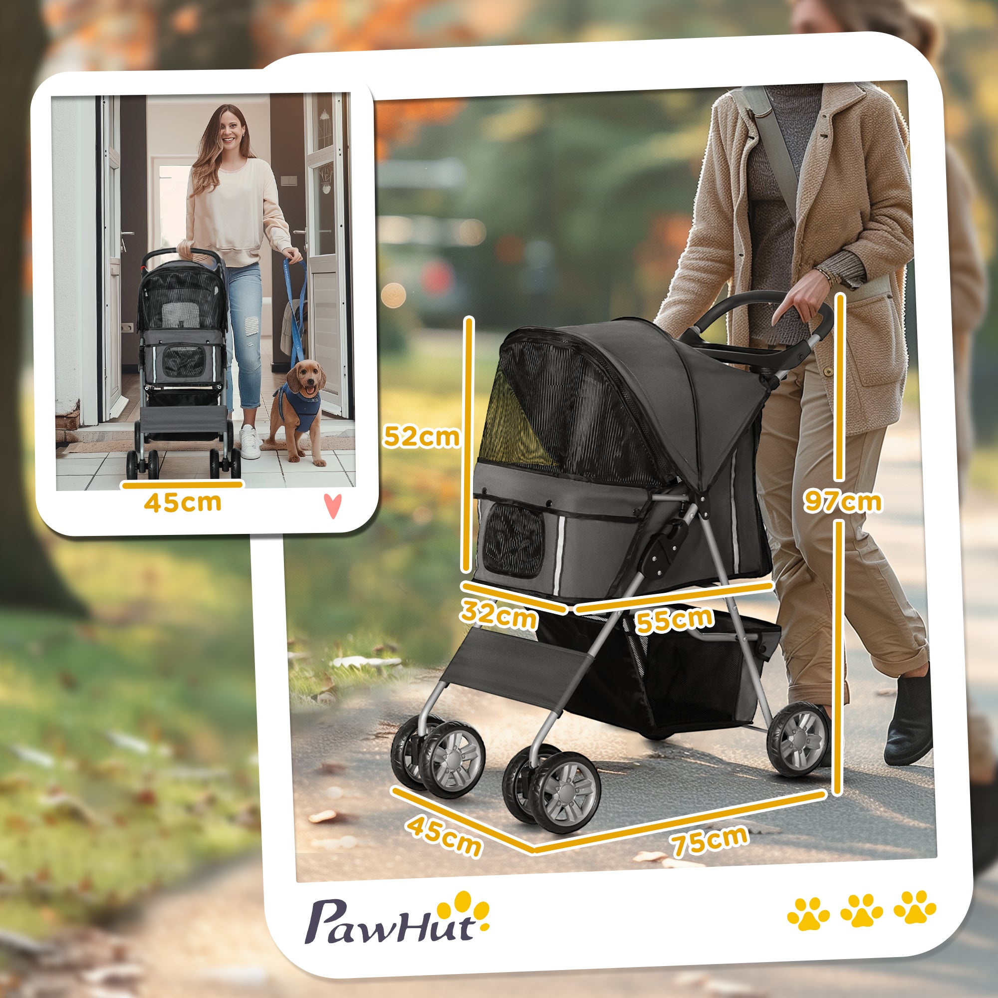 Pet Stroller for Small Miniature Dogs Cats Foldable Travel Carriage with Wheels Zipper Entry Cup Holder Storage Basket Grey