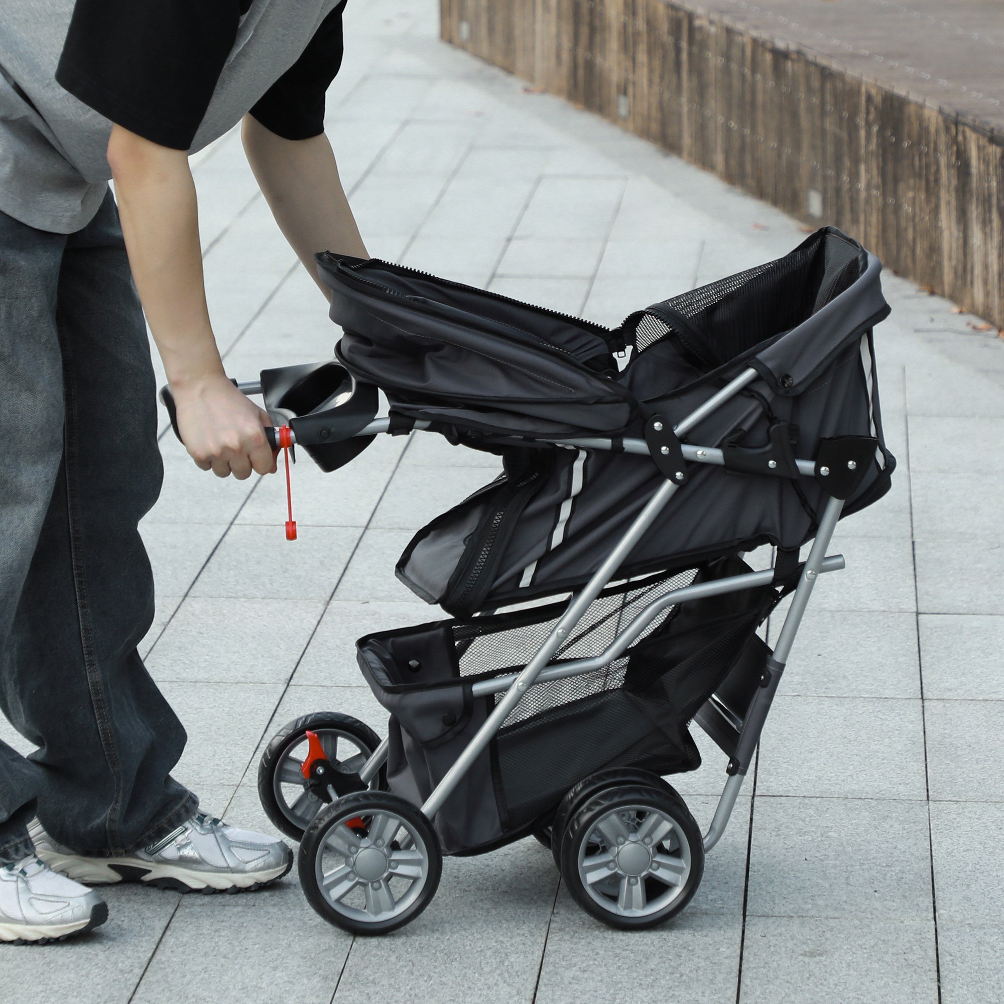 Pet Stroller for Small Miniature Dogs Cats Foldable Travel Carriage with Wheels Zipper Entry Cup Holder Storage Basket Grey
