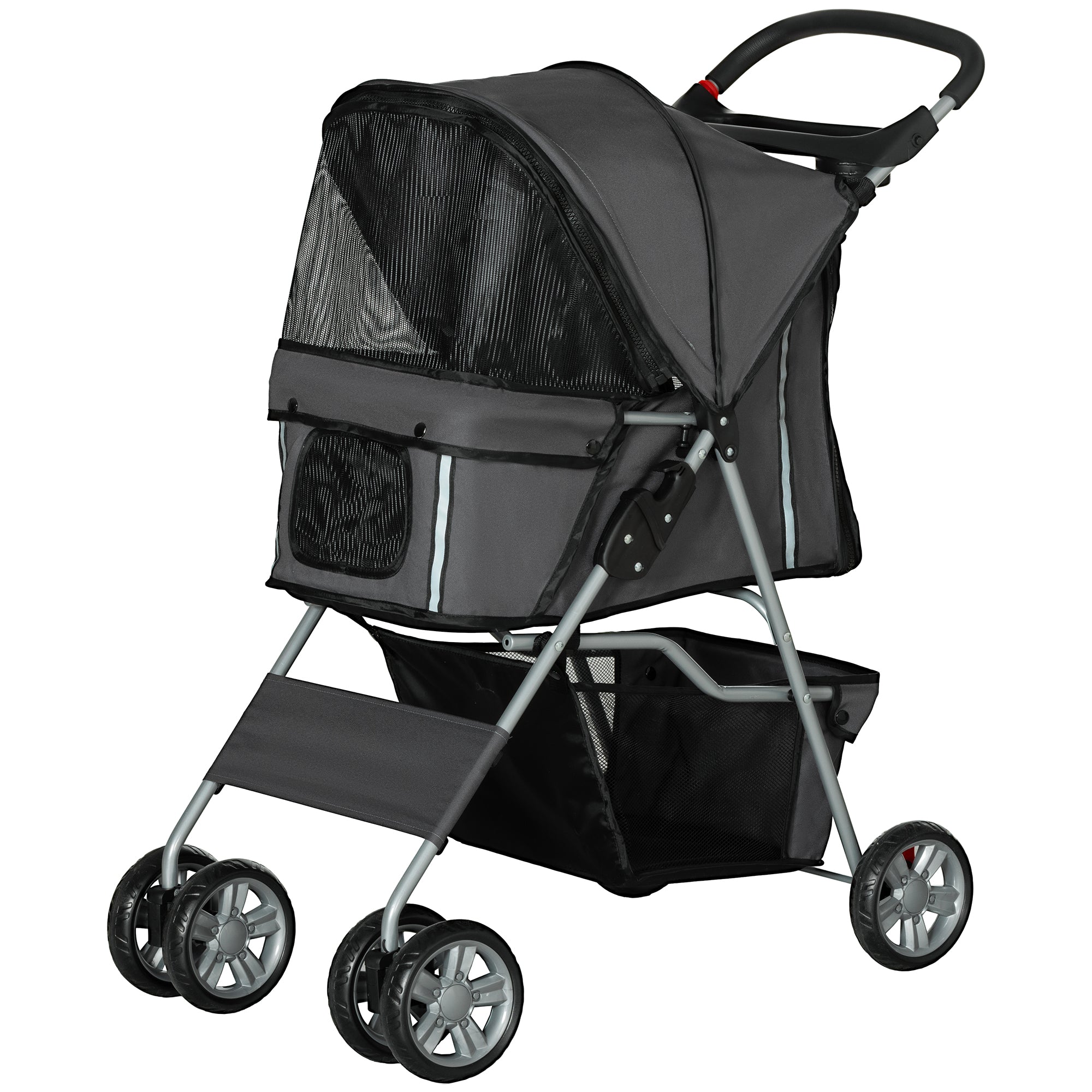 Pet Stroller for Small Miniature Dogs Cats Foldable Travel Carriage with Wheels Zipper Entry Cup Holder Storage Basket Grey