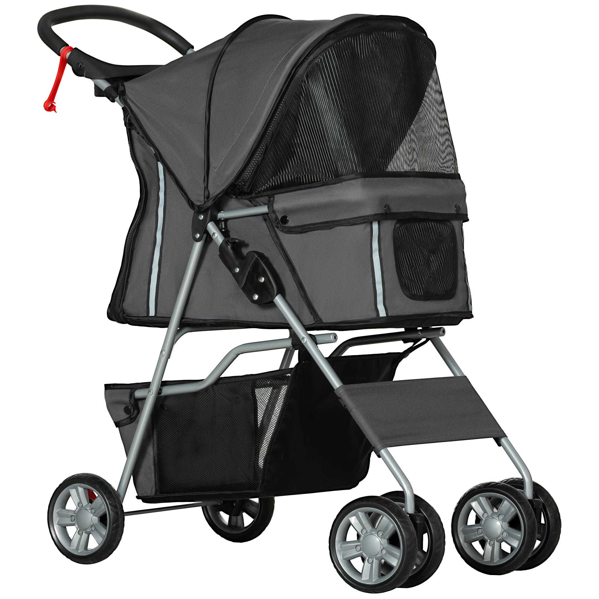 Pet Stroller for Small Miniature Dogs Cats Foldable Travel Carriage with Wheels Zipper Entry Cup Holder Storage Basket Grey