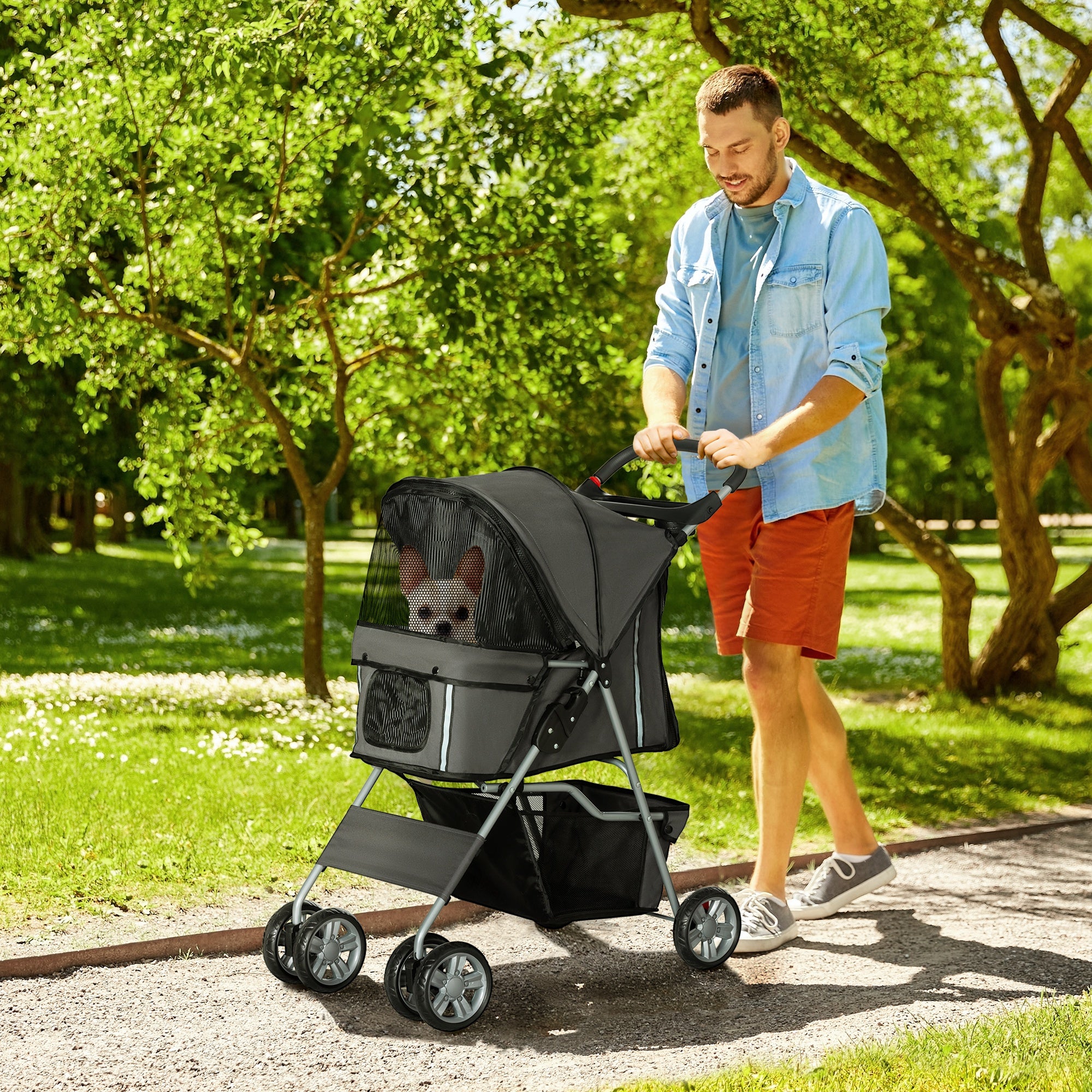 Pet Stroller for Small Miniature Dogs Cats Foldable Travel Carriage with Wheels Zipper Entry Cup Holder Storage Basket Grey
