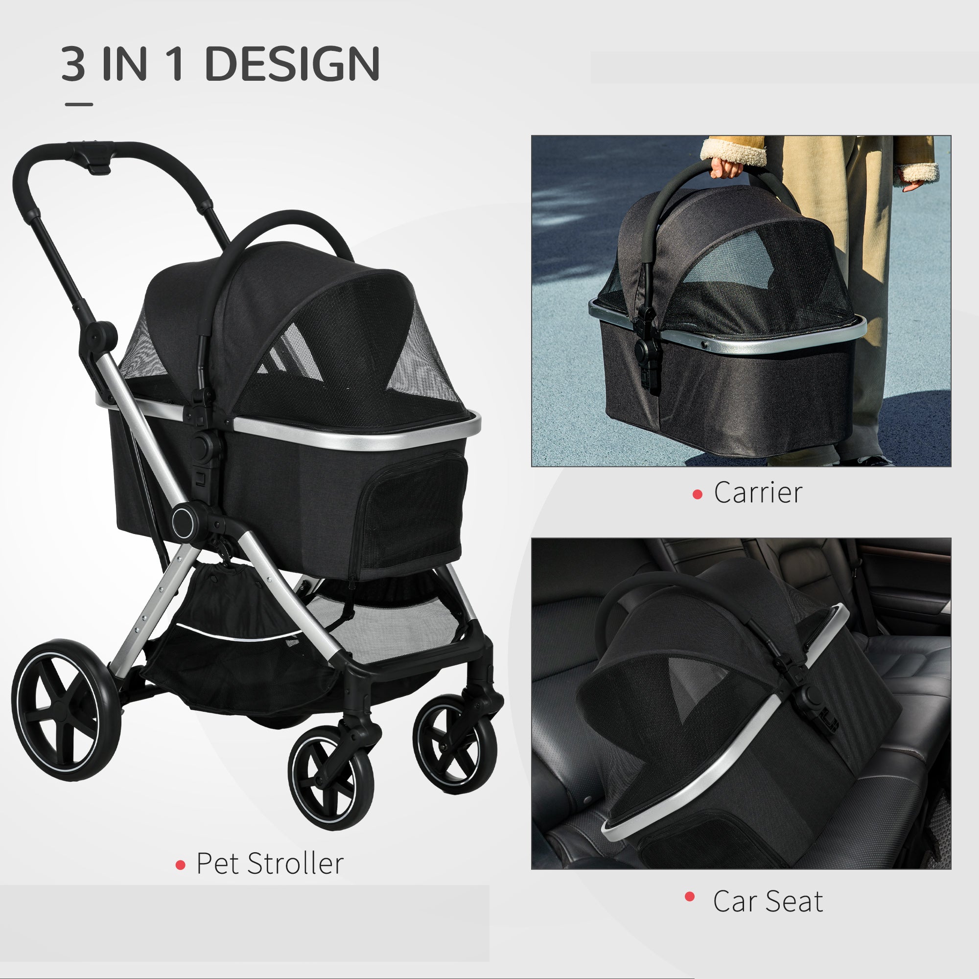 PawHut 3-in-1 Pet Stroller: Safe Lightweight Comfortable for Small Pet