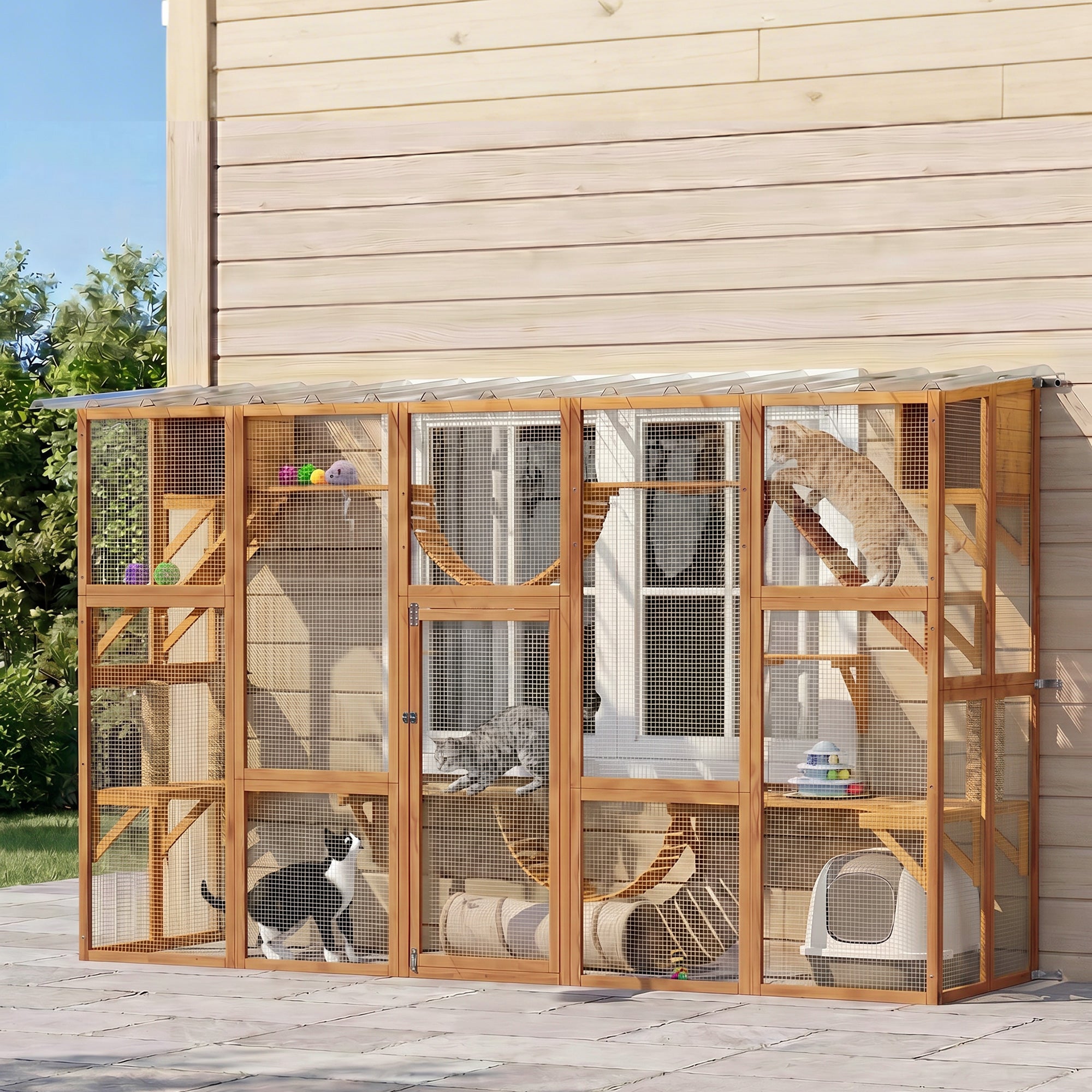 Catio Outdoor Cat Enclosure Window, Outdoor Cat House with Weather Protection Roof for 1-4 Kitties, Wooden Frame, Shelves & Bridges, 118" x 37.5" x 74", Orange