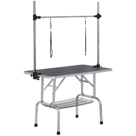 42" Foldable Dog Grooming Table Adjustable Pet Cat Drying Beauty Table Rubber Top with 2 Loops Storage Basket Metal Black