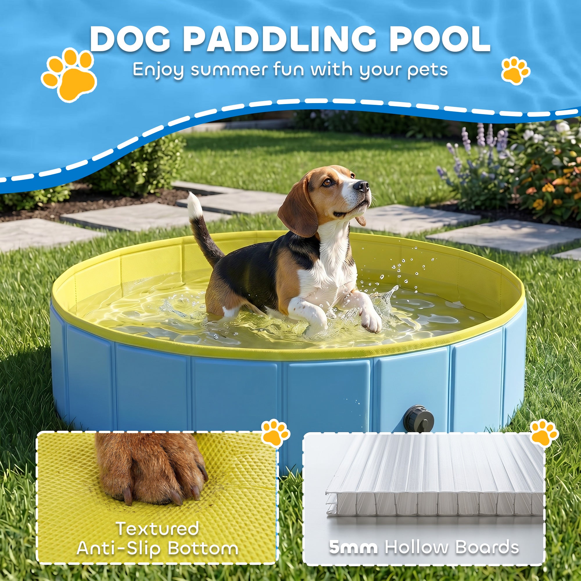 Foldable Dog Pool for Puppies and Ducks, Thickened PVC Dog Paddling Pool Bath Tub Hard Board, Anti-Slip Bottom and Hose Adapter for Easy Drainage, 100 x 30cm, Blue and Yellow