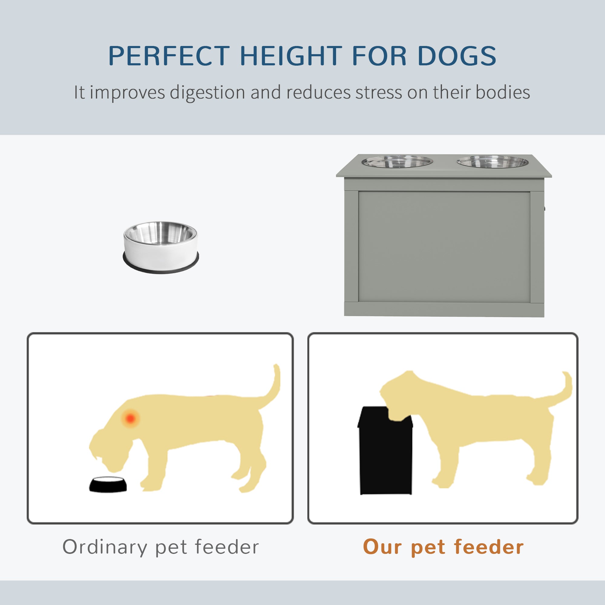 Elevated Dog Bowls for Large Dogs with Storage Dog Pet Diner Function 2 Stainless Steel Dog Bowls Elevated Base for Big-sized Dogs and Other Large Pets, Grey