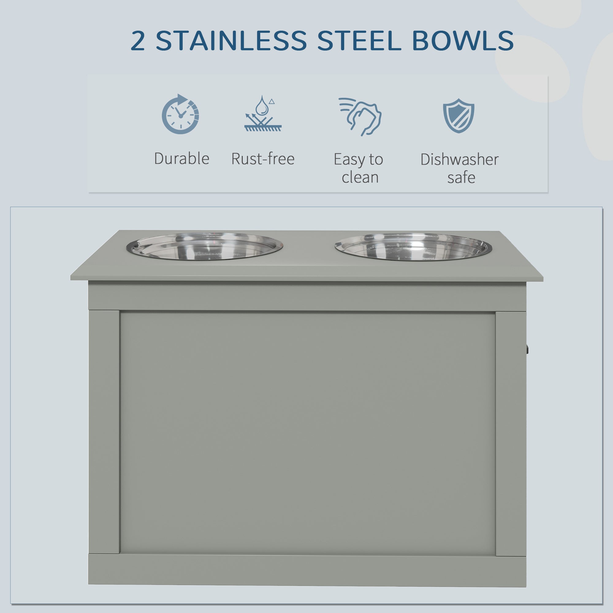 Elevated Dog Bowls for Large Dogs with Storage Dog Pet Diner Function 2 Stainless Steel Dog Bowls Elevated Base for Big-sized Dogs and Other Large Pets, Grey