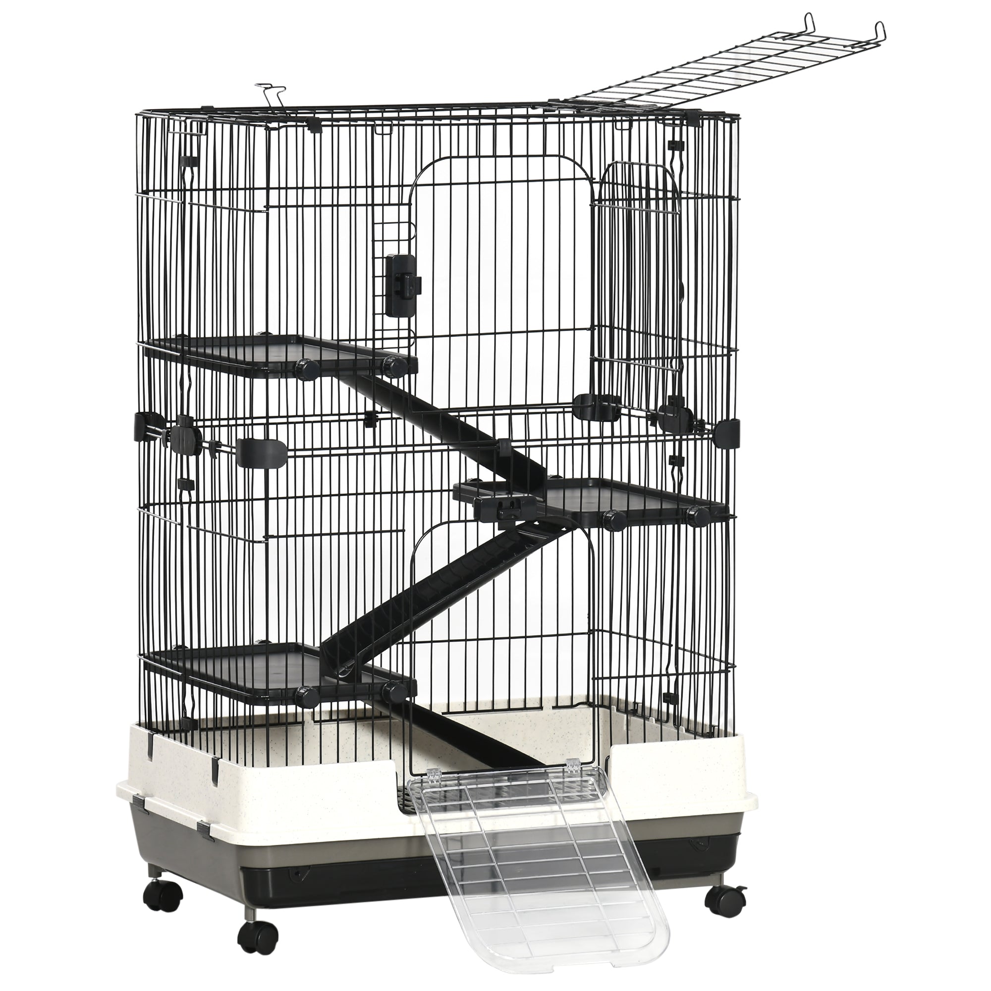 45"H 4-Level Small Animal Cage Rabbit Hutch with Universal Lockable Wheels, Slide-out Tray for Bunny, Chinchillas, Ferret, Black