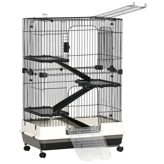 45"H 4-Level Small Animal Cage Rabbit Hutch with Universal Lockable Wheels, Slide-out Tray for Bunny, Chinchillas, Ferret, Black