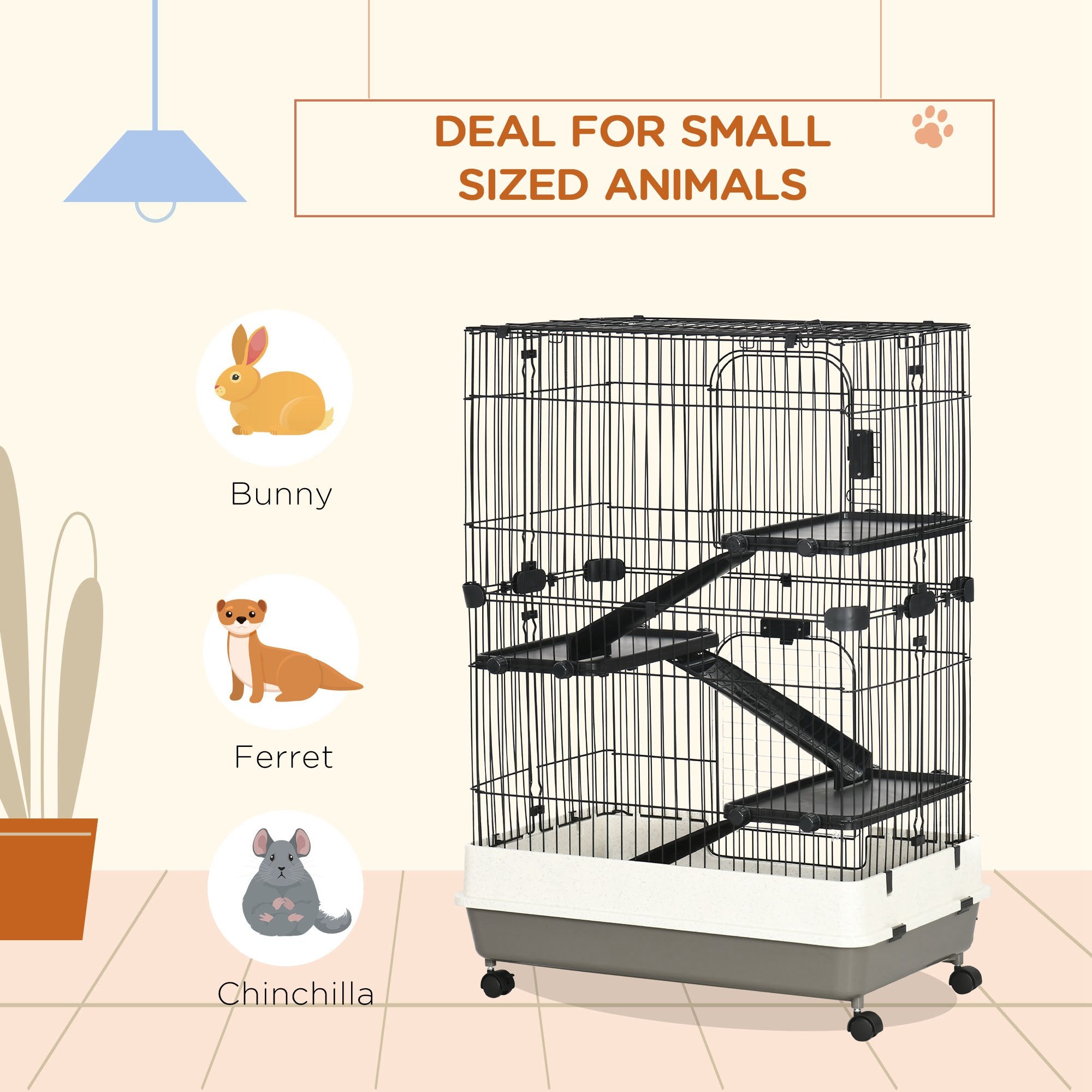 45"H 4-Level Small Animal Cage Rabbit Hutch with Universal Lockable Wheels, Slide-out Tray for Bunny, Chinchillas, Ferret, Black