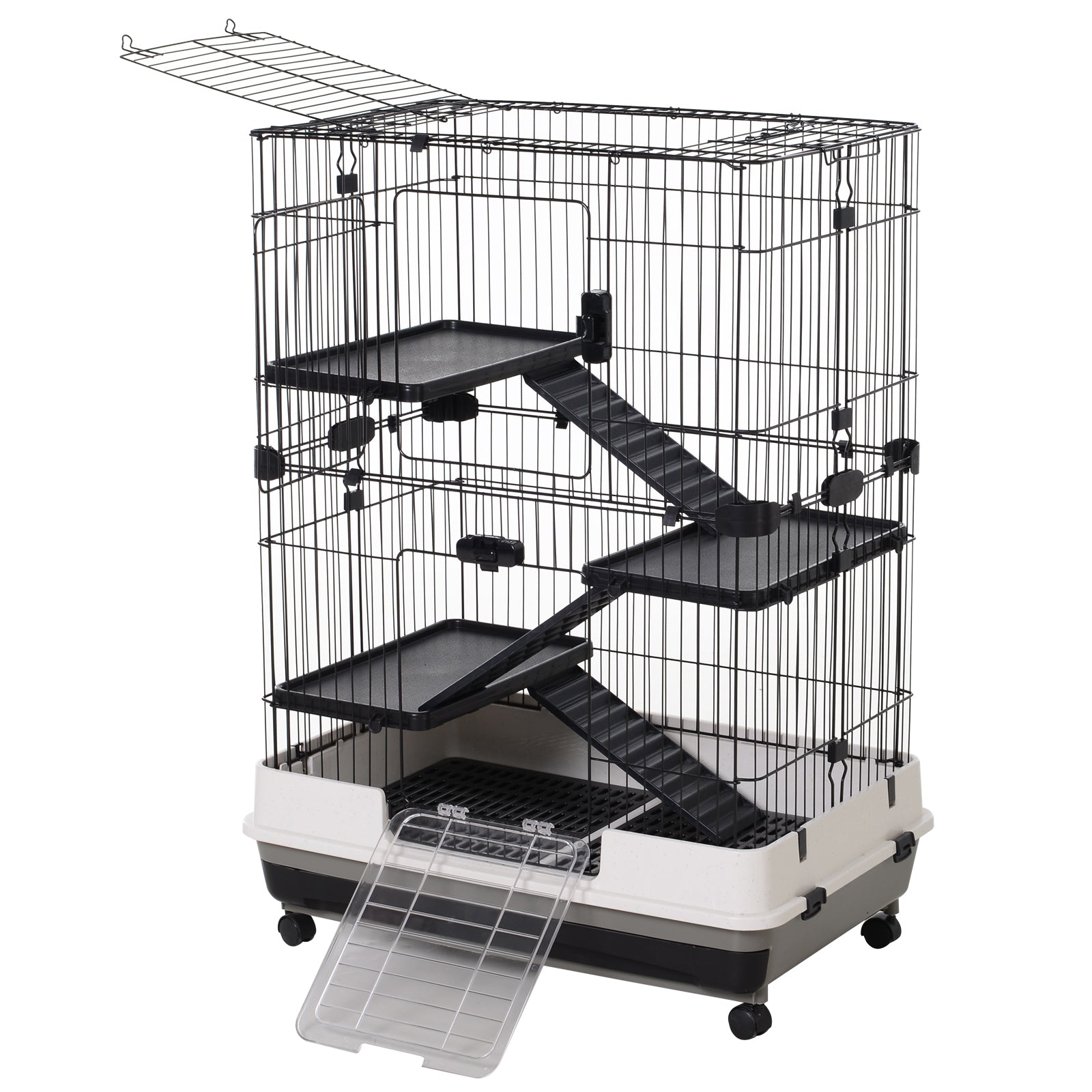 45"H 4-Level Small Animal Cage Rabbit Hutch with Universal Lockable Wheels, Slide-out Tray for Bunny, Chinchillas, Ferret, Black