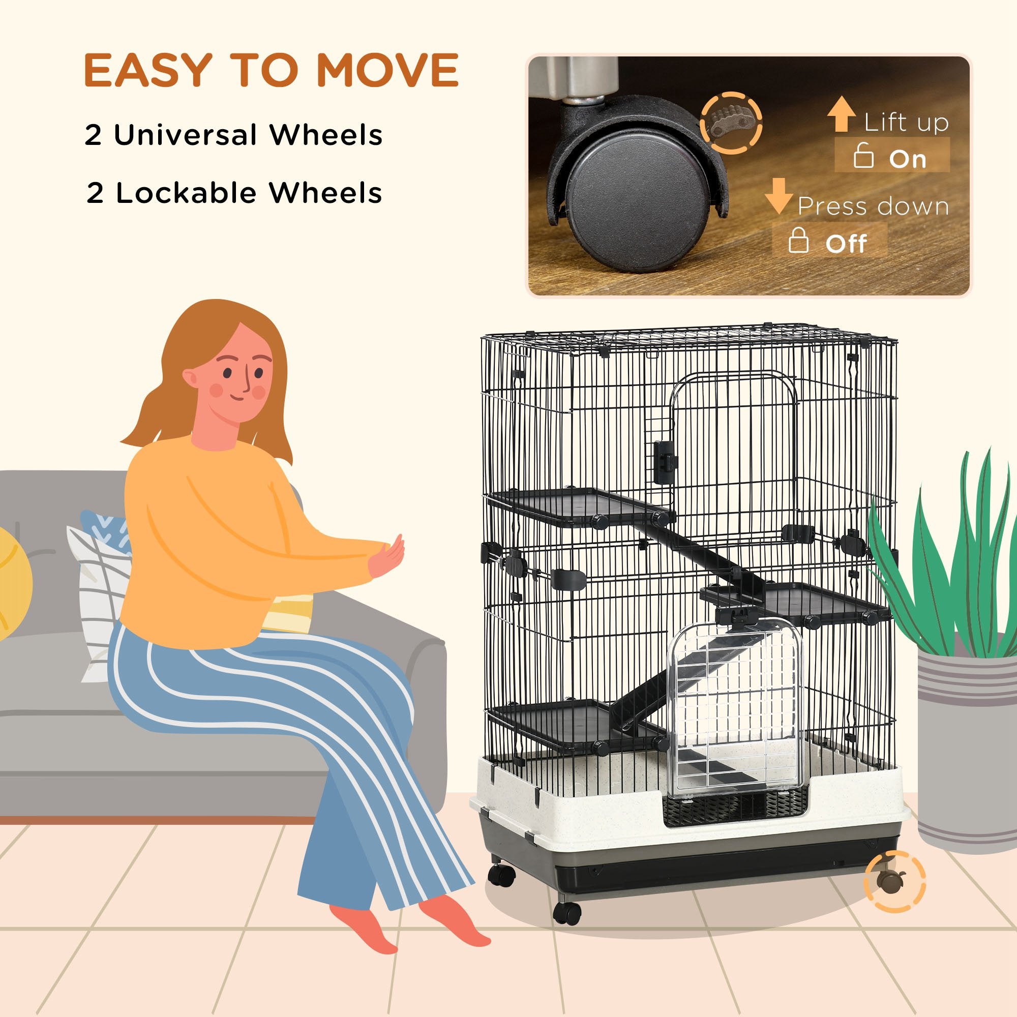 45"H 4-Level Small Animal Cage Rabbit Hutch with Universal Lockable Wheels, Slide-out Tray for Bunny, Chinchillas, Ferret, Black