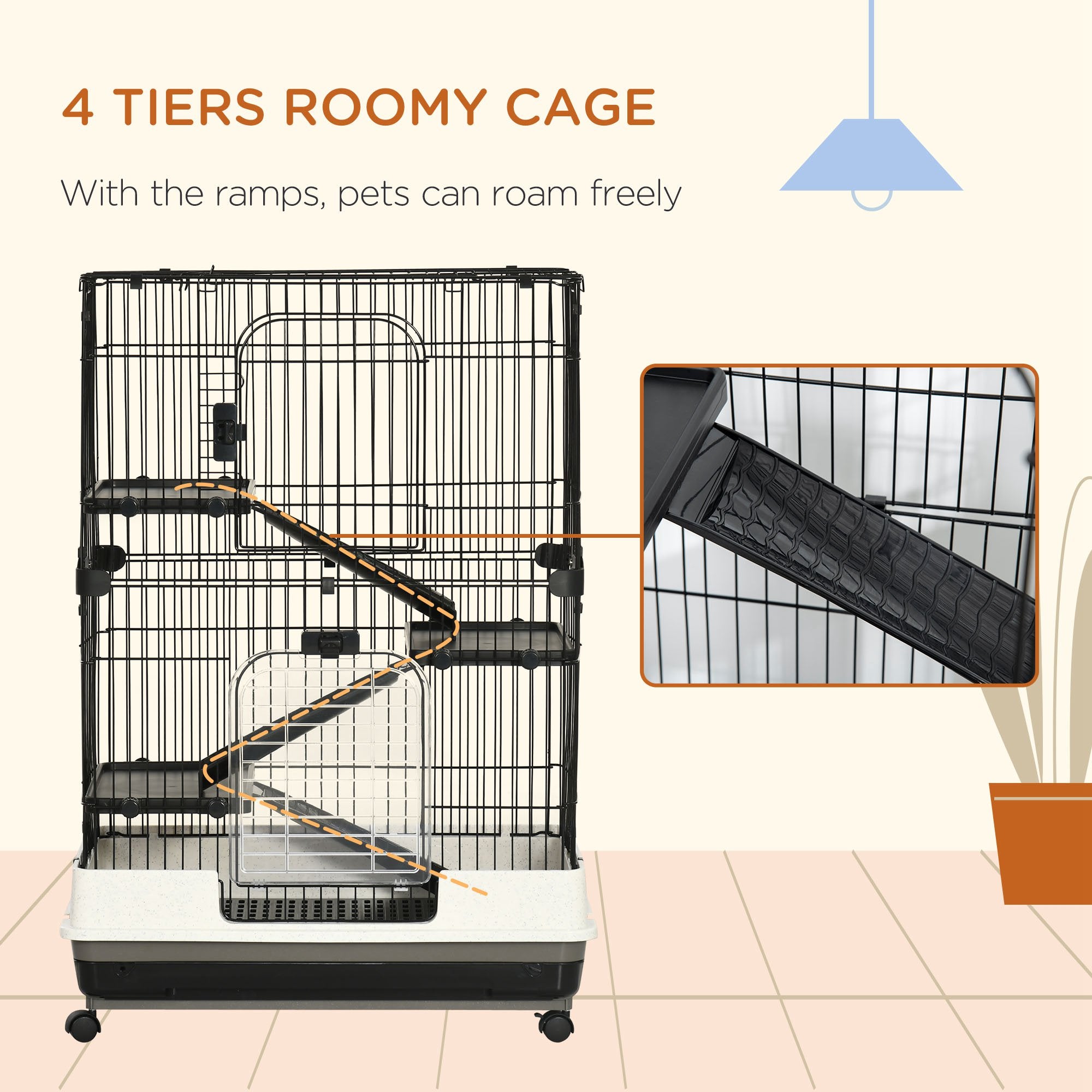45"H 4-Level Small Animal Cage Rabbit Hutch with Universal Lockable Wheels, Slide-out Tray for Bunny, Chinchillas, Ferret, Black