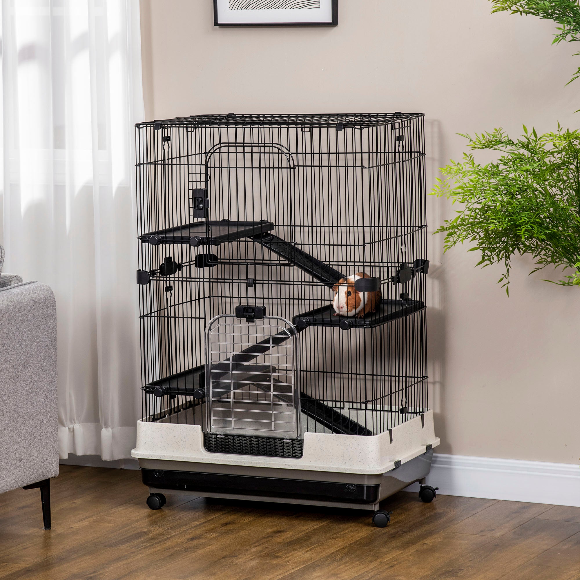 45"H 4-Level Small Animal Cage Rabbit Hutch with Universal Lockable Wheels, Slide-out Tray for Bunny, Chinchillas, Ferret, Black