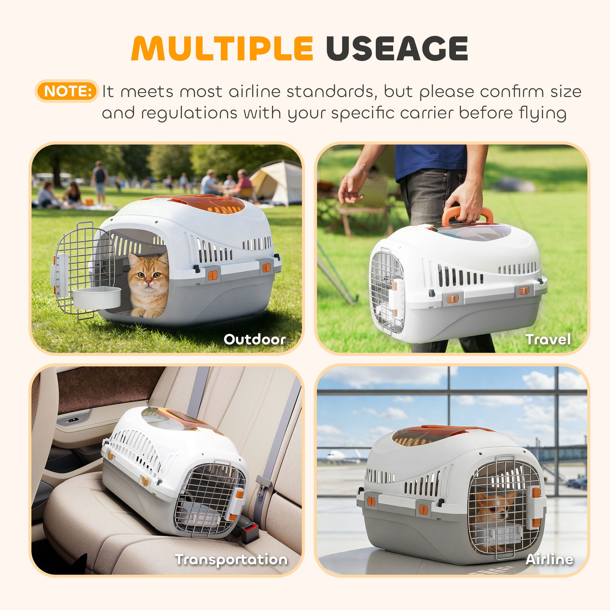 Hard-Sided Travel Pet Carrier, Plastic Dog and Cat Kennel for Small Dogs and Cats, Portable Crate with Steel Wire Door, Feed Bowl, Secure Lock for Car, Airplane, Outdoor