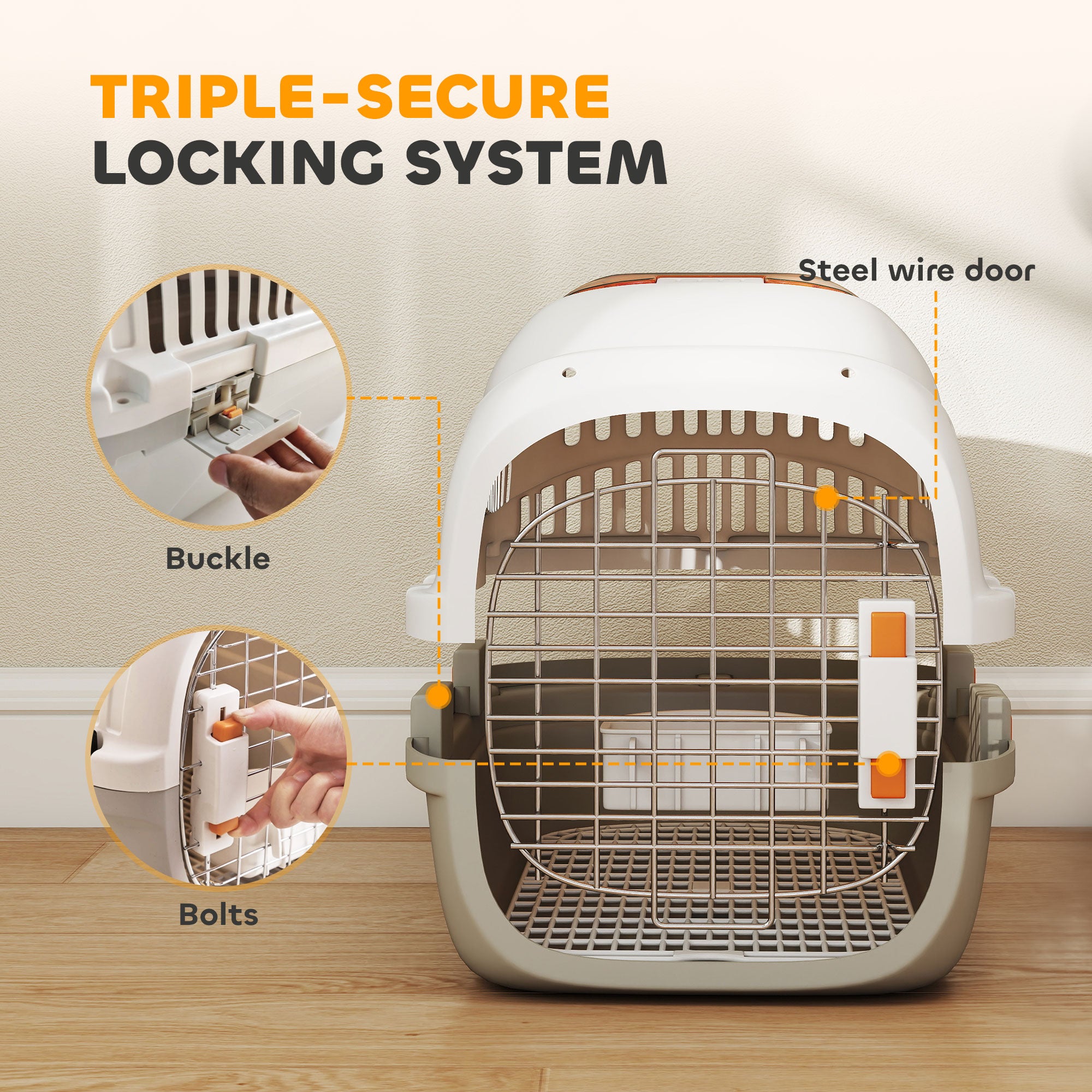 Hard-Sided Travel Pet Carrier, Plastic Dog and Cat Kennel for Small Dogs and Cats, Portable Crate with Steel Wire Door, Feed Bowl, Secure Lock for Car, Airplane, Outdoor