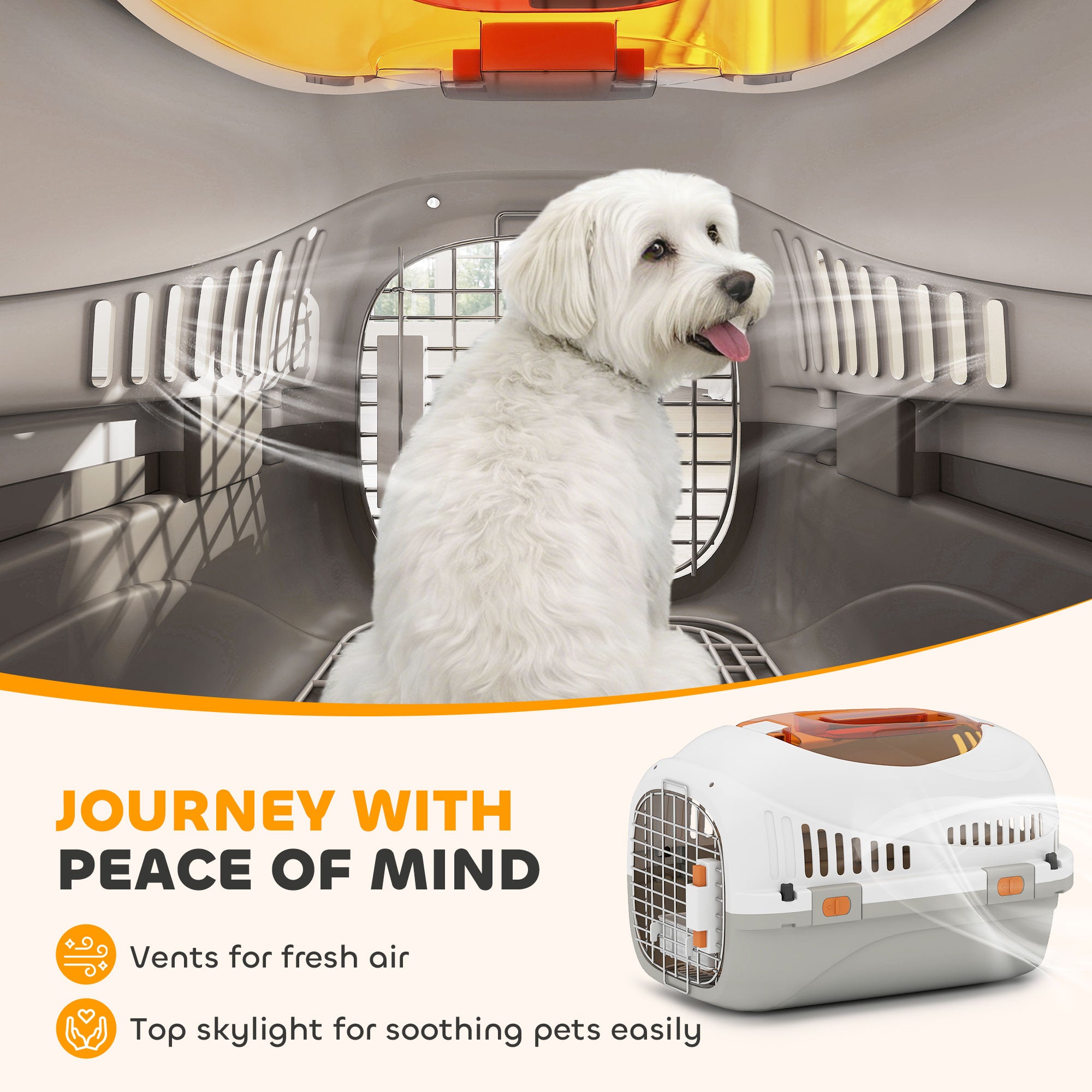 Hard-Sided Travel Pet Carrier, Plastic Dog and Cat Kennel for Small Dogs and Cats, Portable Crate with Steel Wire Door, Feed Bowl, Secure Lock for Car, Airplane, Outdoor