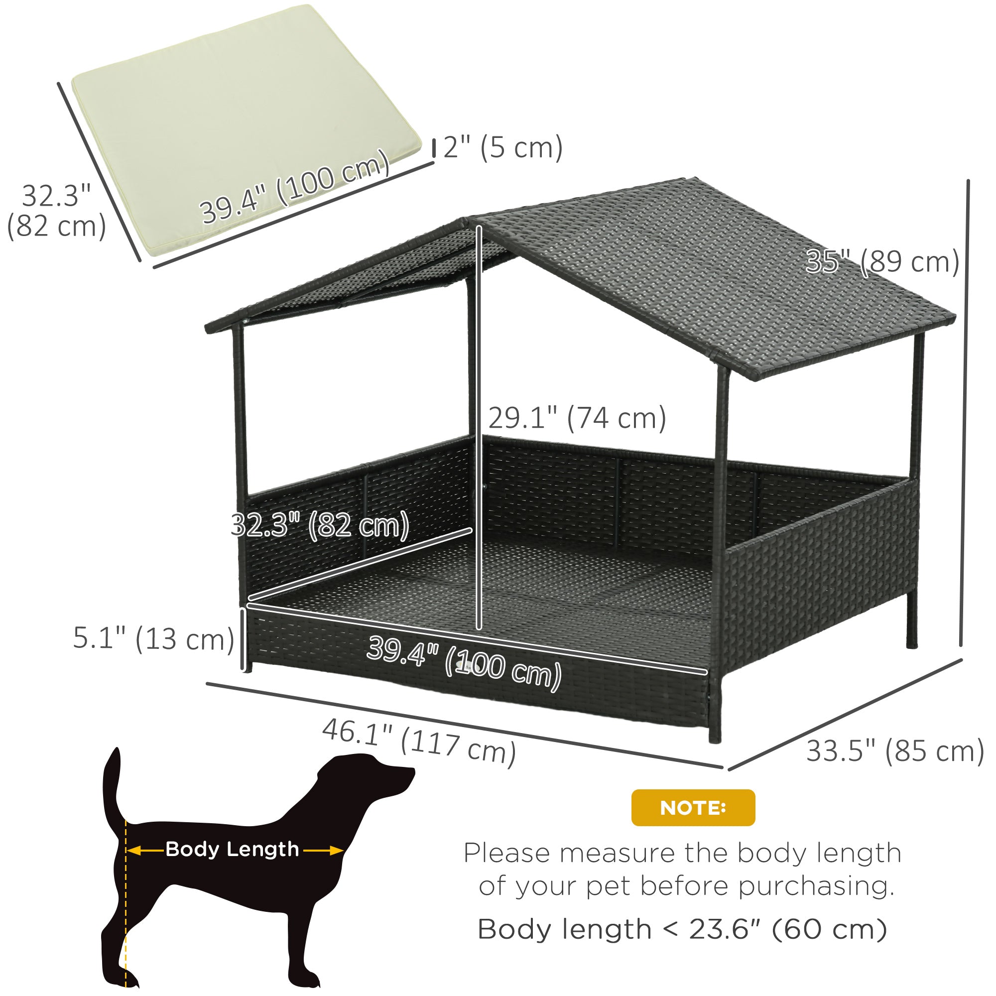 Rattan Dog House Outdoor with Shade Canopy, Elevated Wicker Dog Bed with Soft Cushion Washable Cover, for Medium Large Dogs, Cream White