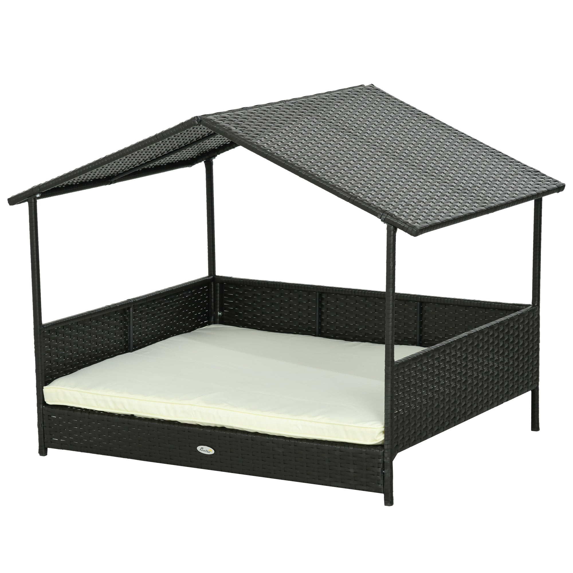 Rattan Dog House Outdoor with Shade Canopy, Elevated Wicker Dog Bed with Soft Cushion Washable Cover, for Medium Large Dogs, Cream White