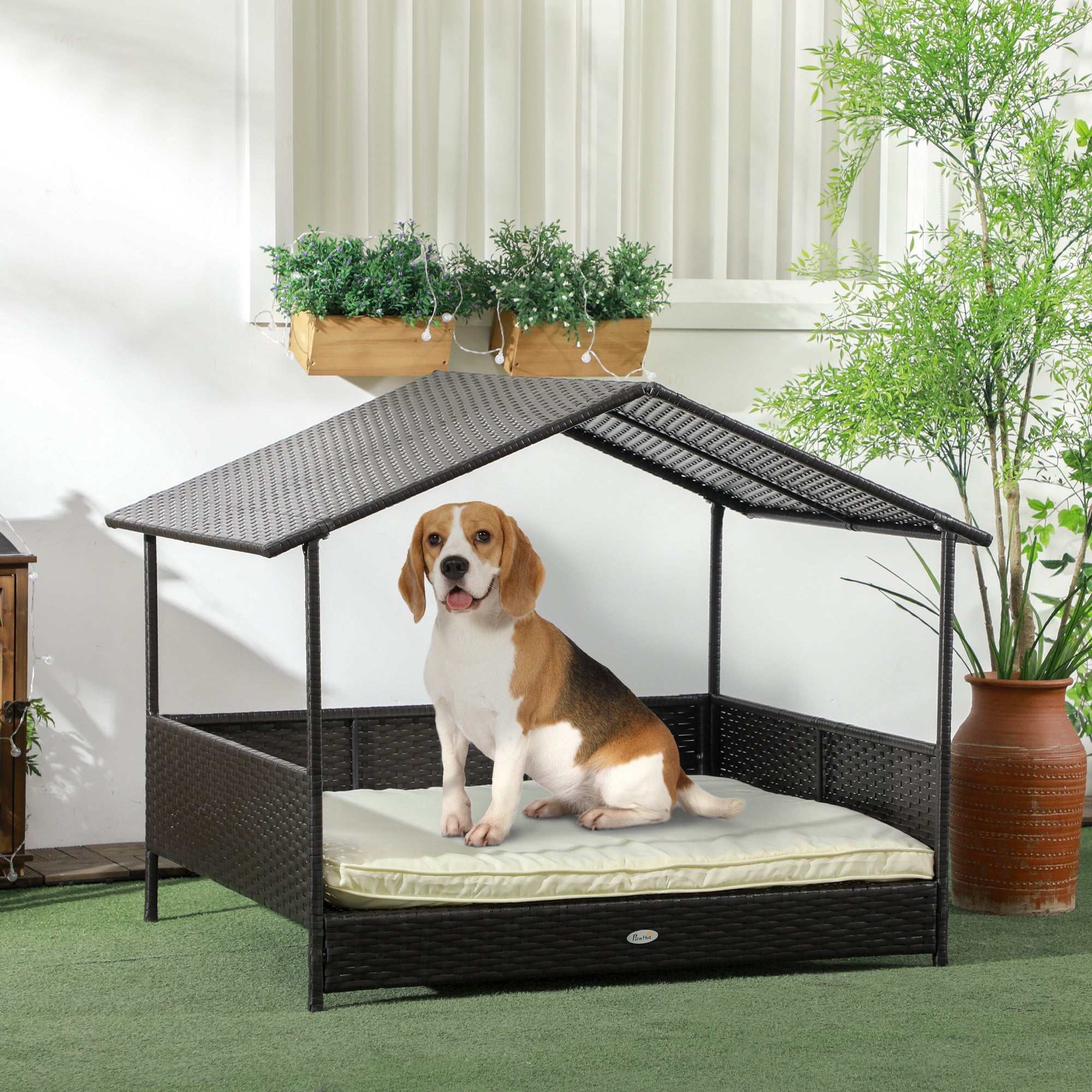 Rattan Dog House Outdoor with Shade Canopy, Elevated Wicker Dog Bed with Soft Cushion Washable Cover, for Medium Large Dogs, Cream White