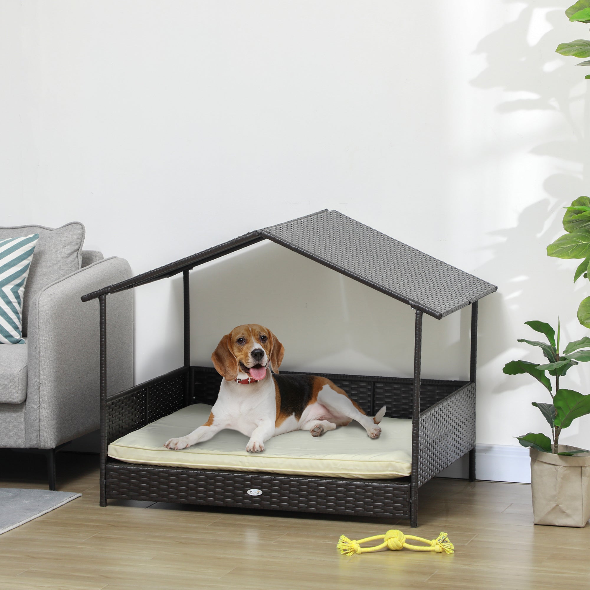 Rattan Dog House Outdoor with Shade Canopy, Elevated Wicker Dog Bed with Soft Cushion Washable Cover, for Medium Large Dogs, Cream White