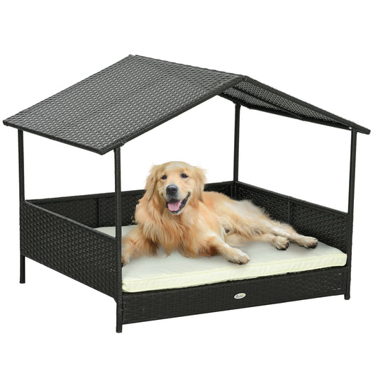 Rattan Dog House Outdoor with Shade Canopy, Elevated Wicker Dog Bed with Soft Cushion Washable Cover, for Medium Large Dogs, Cream White