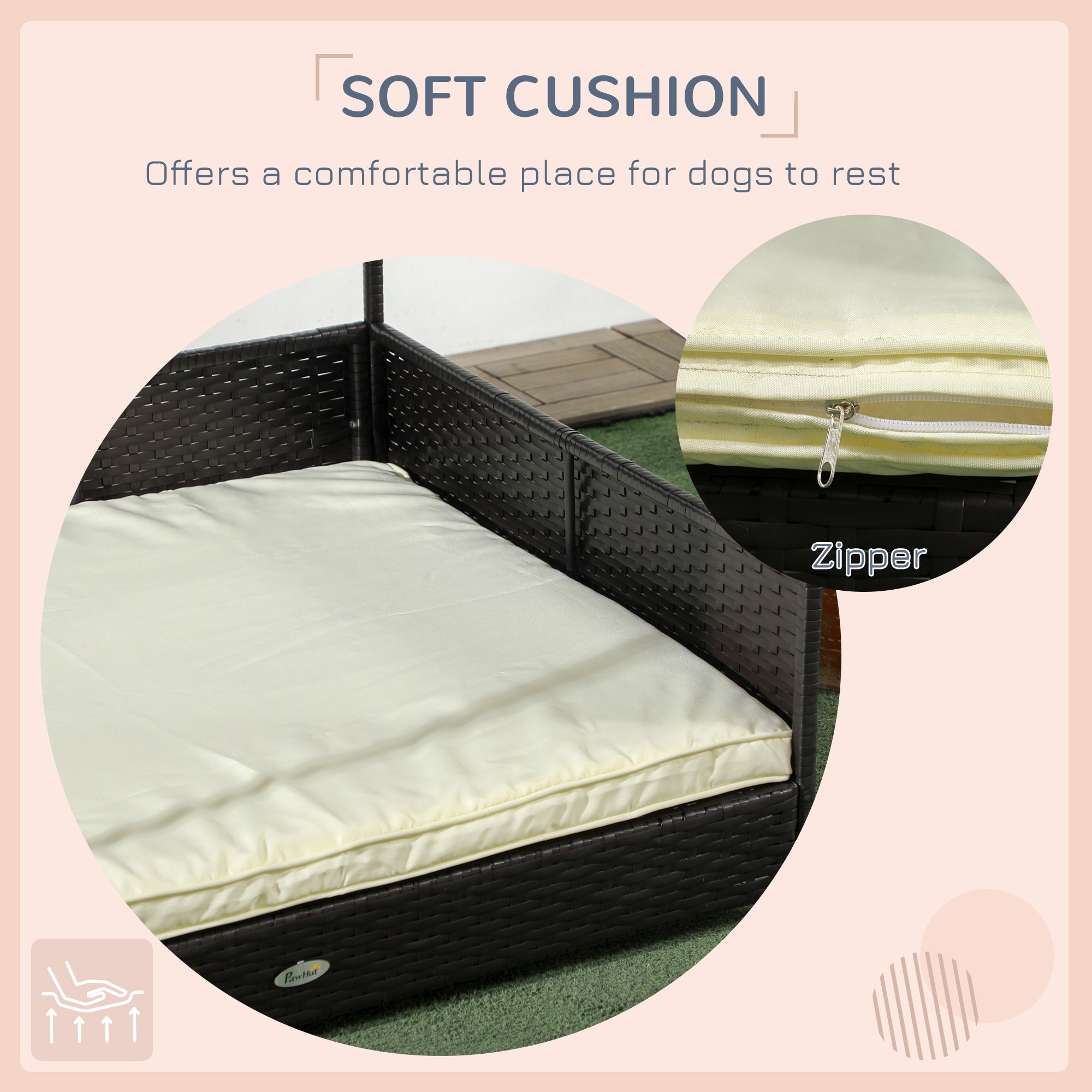 Rattan Dog House Outdoor with Shade Canopy, Elevated Wicker Dog Bed with Soft Cushion Washable Cover, for Medium Large Dogs, Cream White