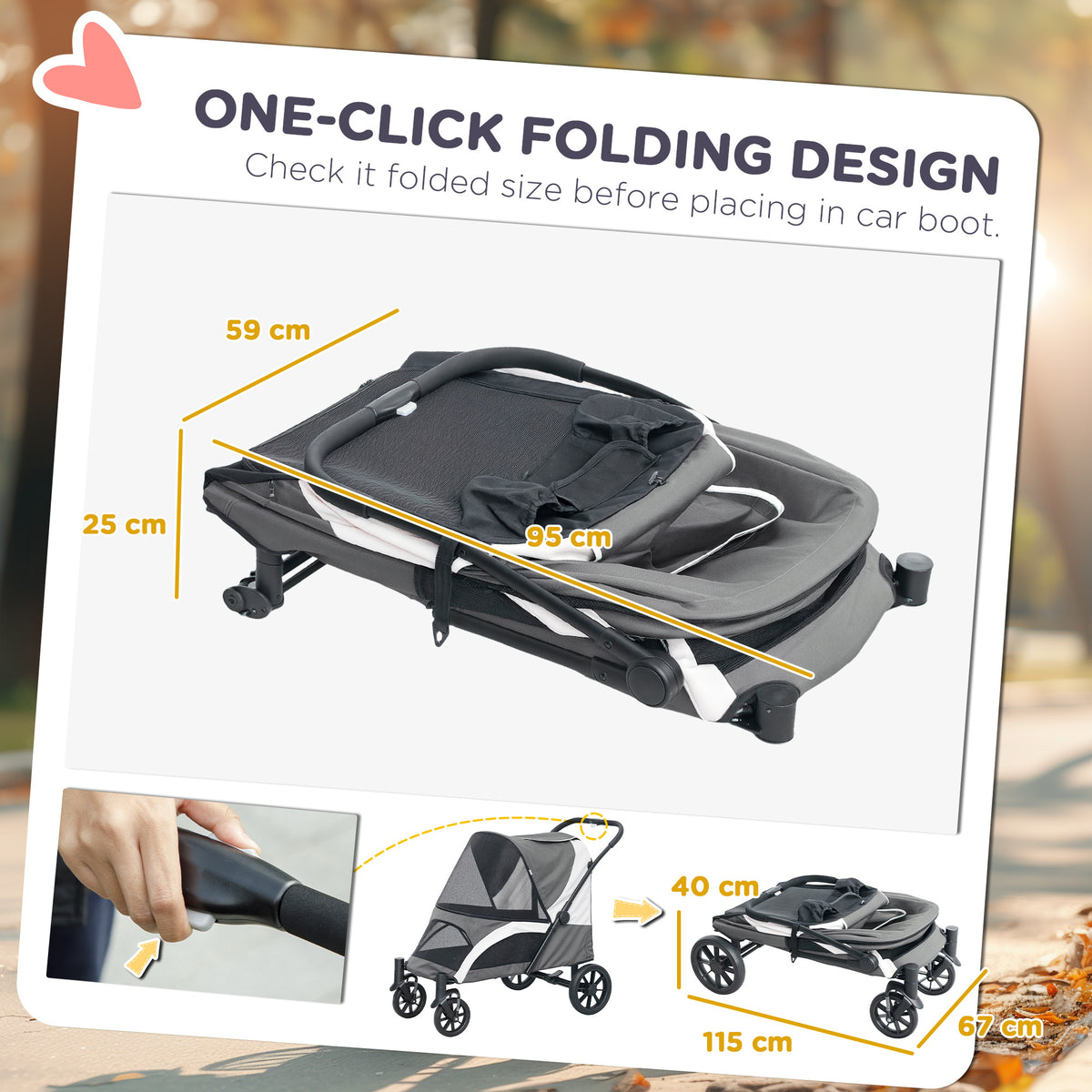 Pet Stroller for Small Medium Large Dogs and Cats, Foldable Dog Stroller with 4 Wheels, Shock-Absorbing Frame, Safety Leashes, Brakes, for Pets up to 66 lbs, Dark Grey