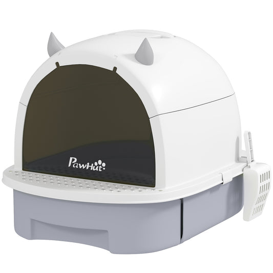 Cat Litter Tray with Lid, Enclosed Cat Litter Box with Pull-Out Drawer, Scoop, Deodorising Bags for Odour Control, Privacy, Portable, Easy to Clean, Grey