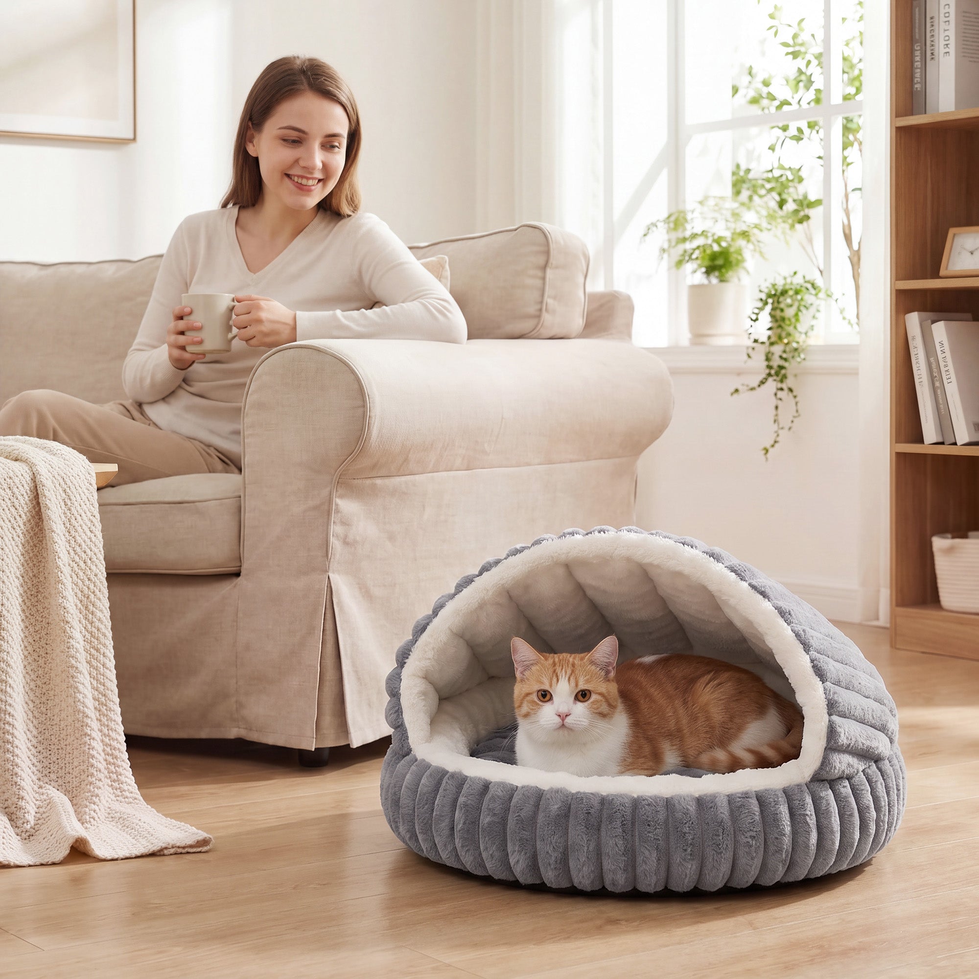 Cat Bed for Indoor Kittens, Cat Cave House with Non-Slip Bottom and Washable Cushion, Soft Pet Bed for Indoor Warmth & Comfort, 50 x 50 x 32 cm, Grey