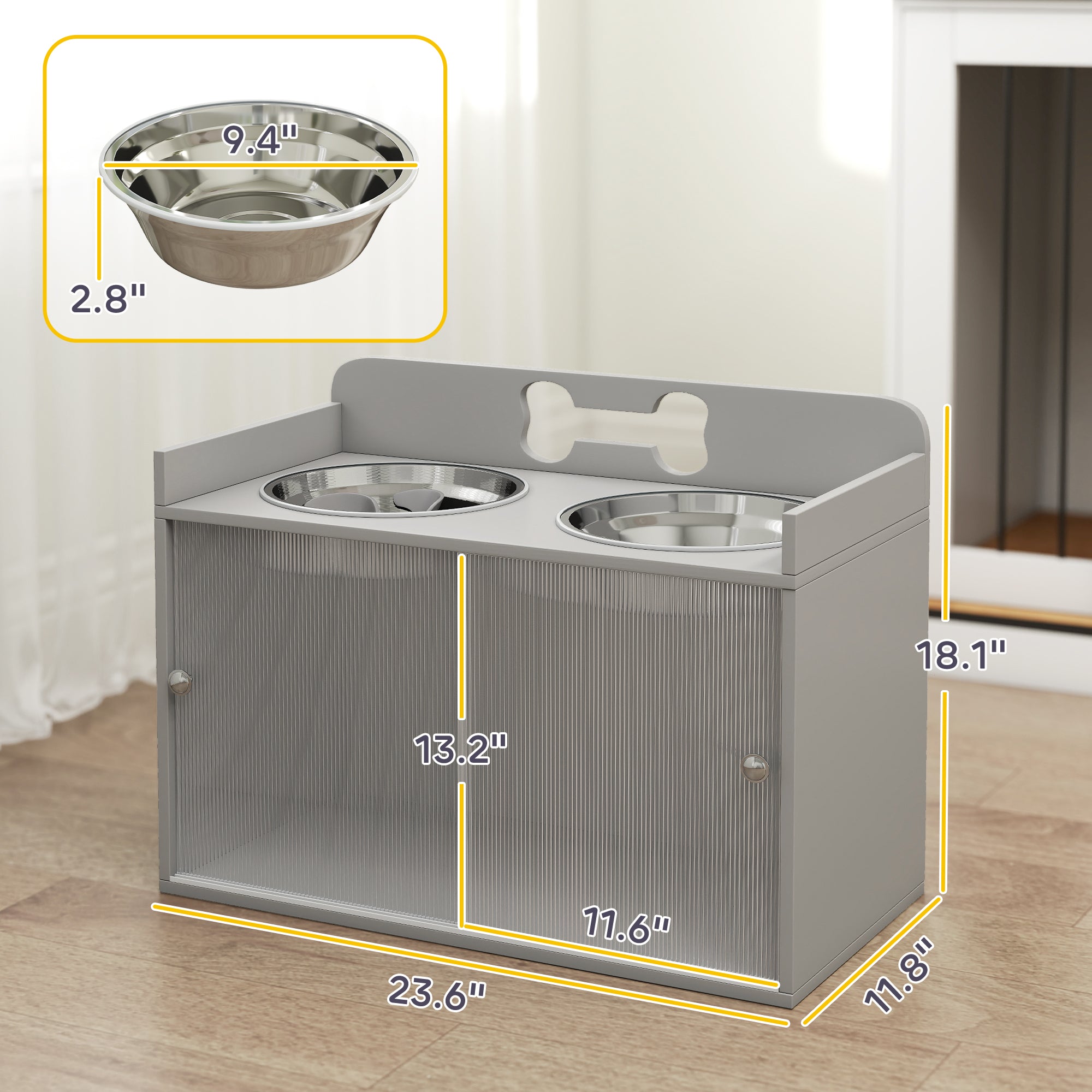 Elevated Dog Bowls with Storage, Raised Dog Bowl Stand with 2 Stainless Steel Food Dishes and Slow Feeder, Pet Feeding Station for Large Breeds, Gray