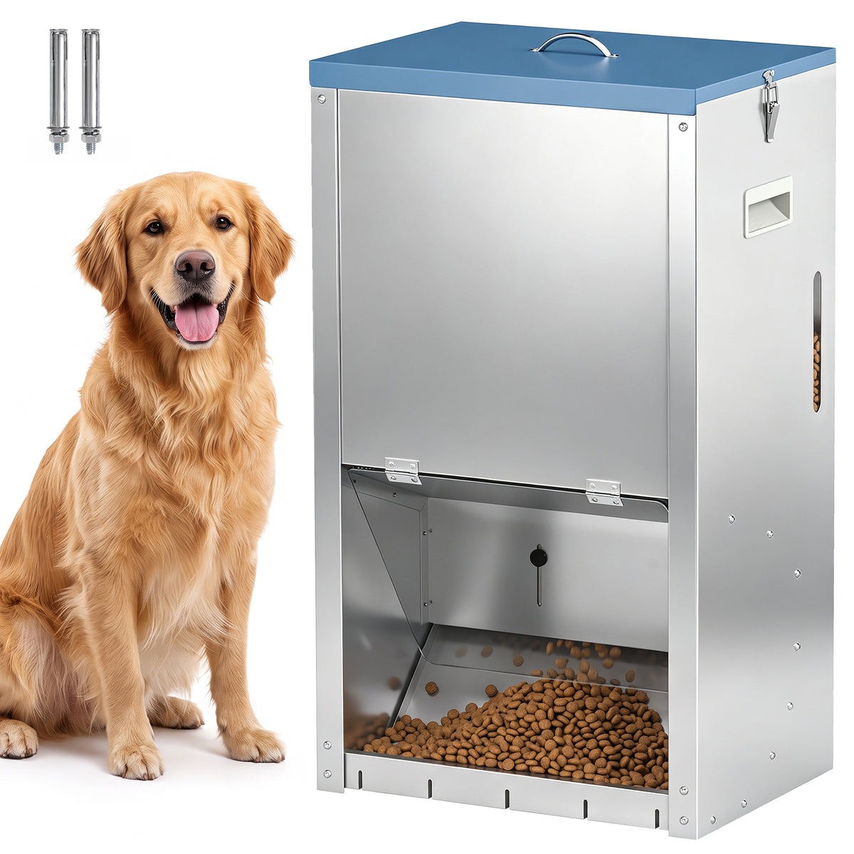 50lbs Automatic Dog Feeder, Galvanized Gravity Pet Feeder with Lockable Clear Door, Indoor and Outdoor Use, Wall Mountable, Portable Handles, Auto Dog Food Dispenser for Large Breeds