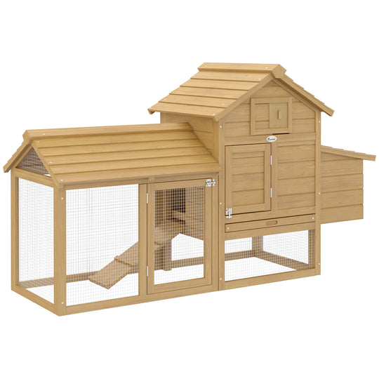 PawHut 59" Small Wooden Chicken coop Hen House Poultry Cage for Outdoor Backyard with 2 Doors, Nesting Box and Removable Tray, Natural Wood