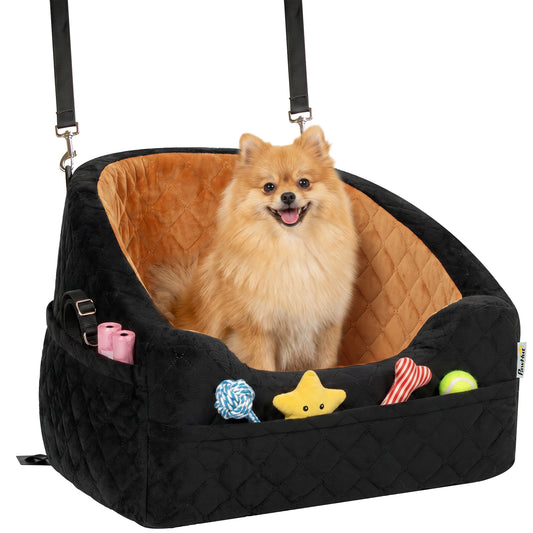 Dog Car Seat for Small Breeds Under 10kg, Dog Booster Seat Detachable Washable with Seat Belt, Thick Cushion, Portable Pet Travel Bed with Storage Pockets, Brown
