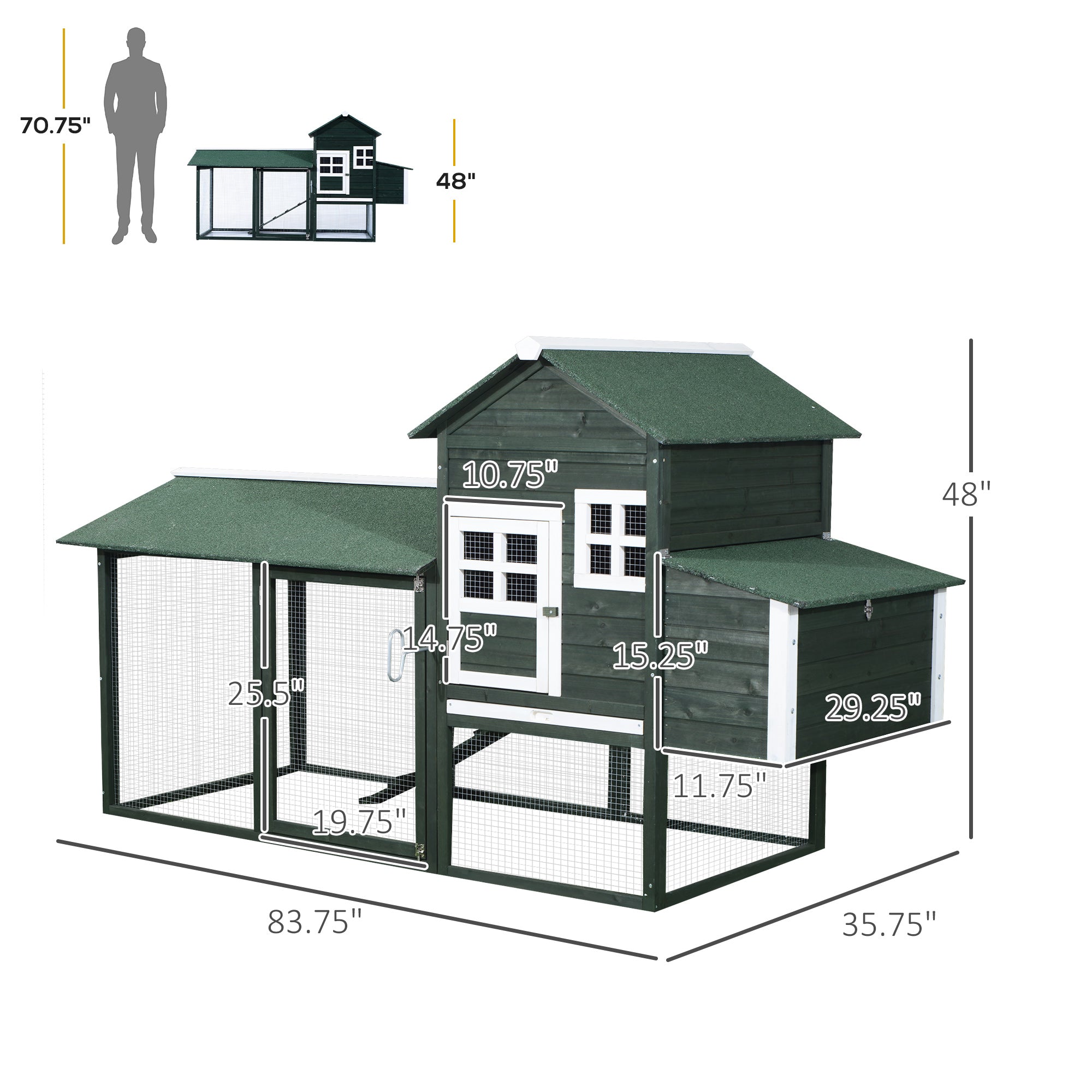 84" Chicken Coop Wooden Hen House Rabbit Hutch Poultry Cage Pen Outdoor Backyard with Nesting Box and Run, Green