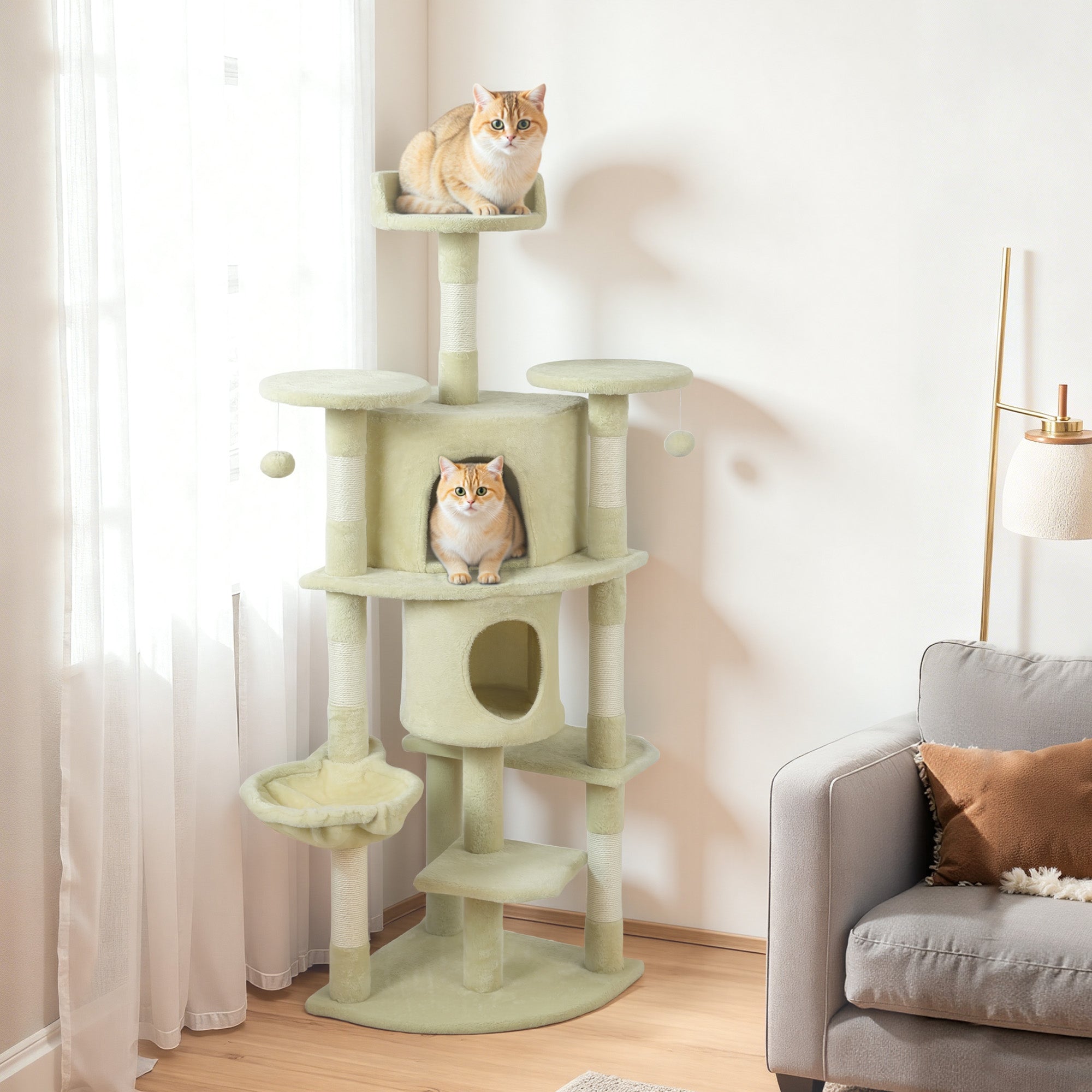 Cat Tree, 62" Multi-Level Cat Tower with Scratching Posts, 2 Condos, Hammock, Perches, Plush, Pompoms, for Indoor Kittens Playing, Resting, Sleeping, Beige