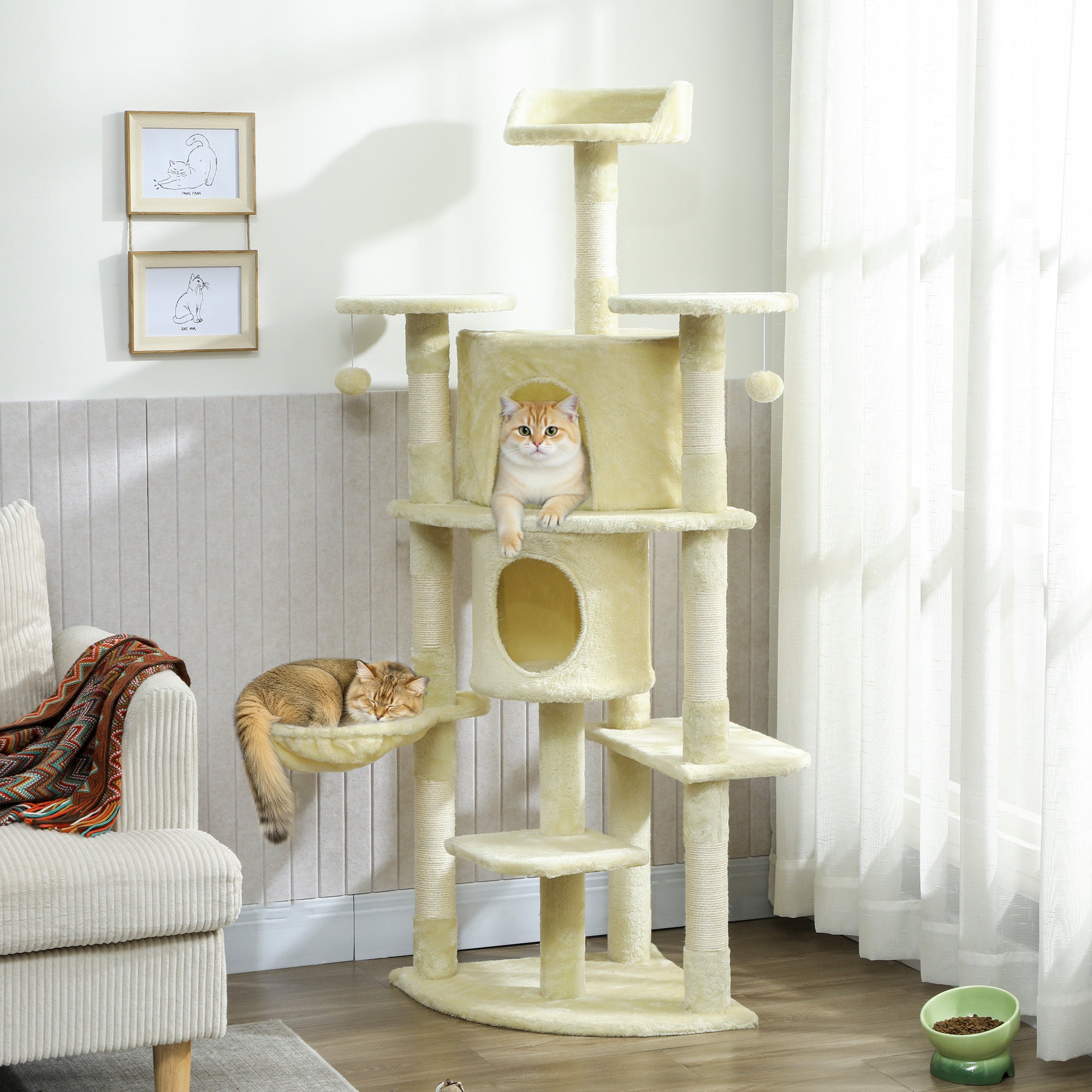 Cat Tree, 62" Multi-Level Cat Tower with Scratching Posts, 2 Condos, Hammock, Perches, Plush, Pompoms, for Indoor Kittens Playing, Resting, Sleeping, Beige