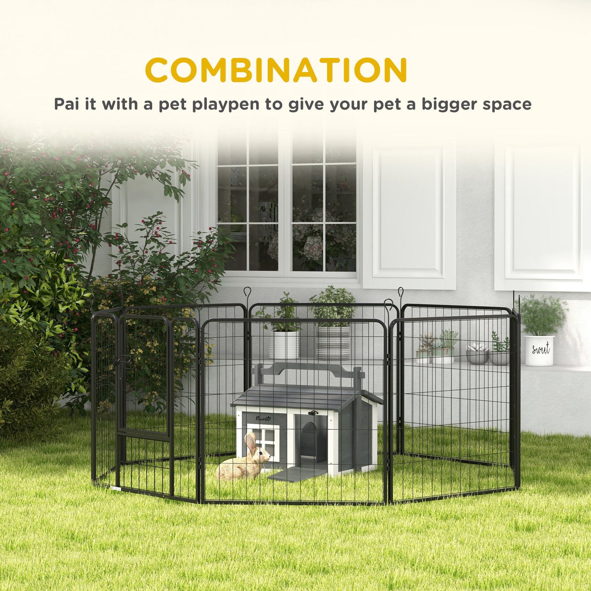 Rabbit Hutch Cat House Puppy House Guinea Pig Hutch Small Animal House Portable Wooden Indoor Outdoor with 2 Rooms Top Handle, Openable Roof - Grey