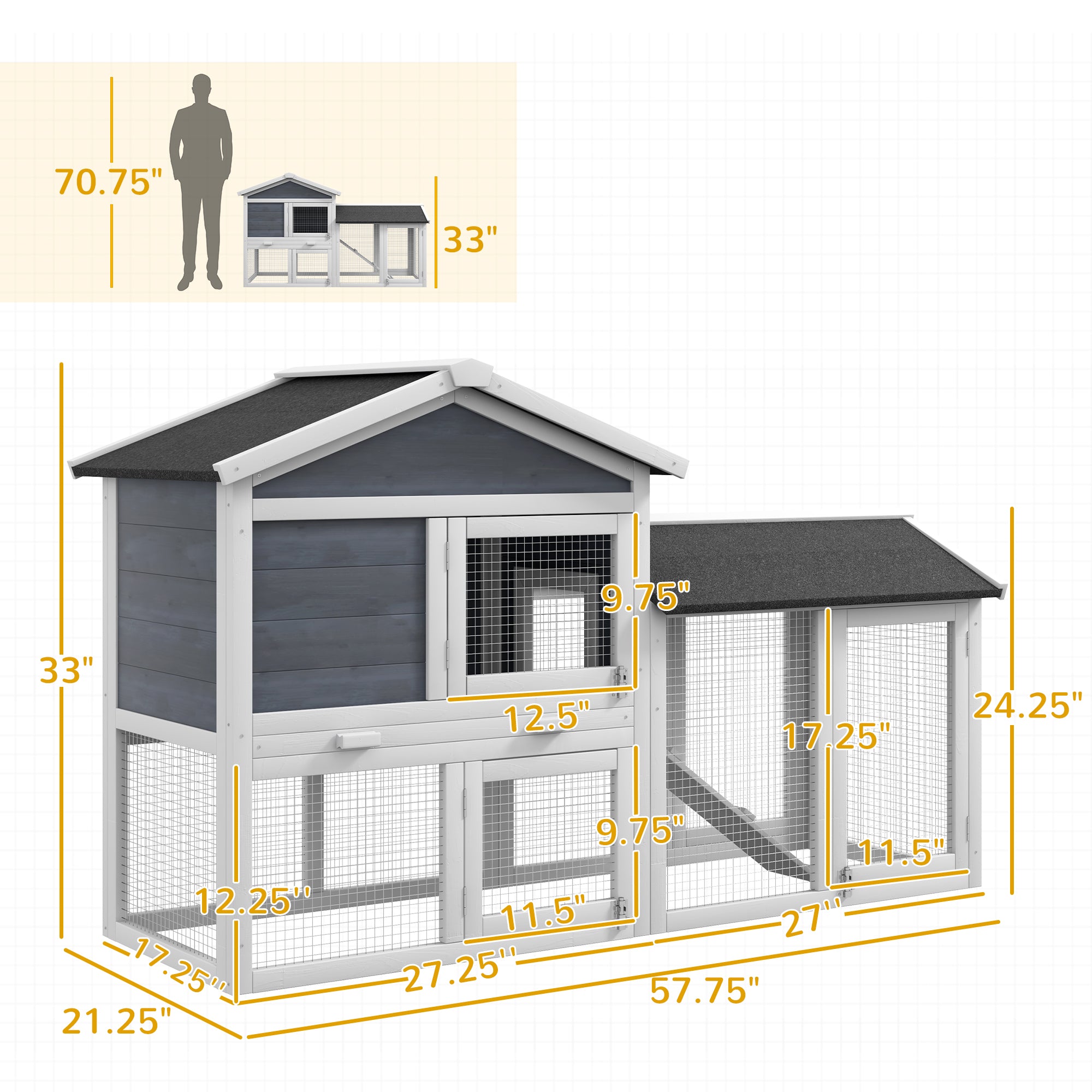 PawHut 58" Rabbit Hutch, Wooden Bunny Hutch, Guinea Pig Cage, Small Animal Enclosure with Run Area, Removable Tray, Asphalt Roof, Lockable Doors and Ramp, Gray