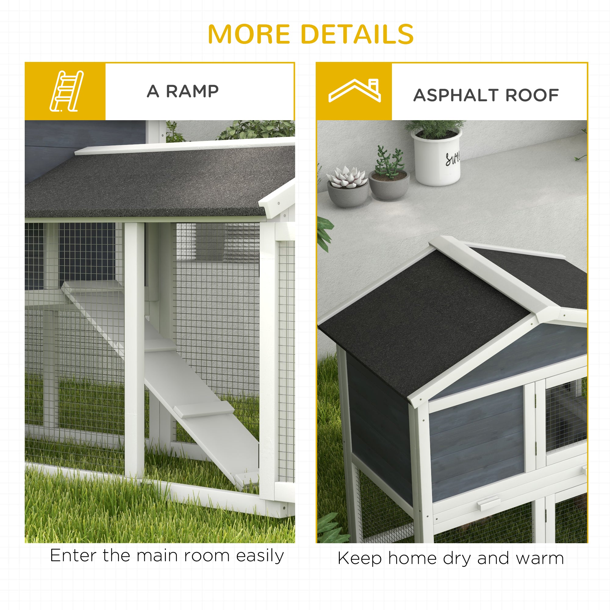 PawHut 58" Rabbit Hutch, Wooden Bunny Hutch, Guinea Pig Cage, Small Animal Enclosure with Run Area, Removable Tray, Asphalt Roof, Lockable Doors and Ramp, Gray