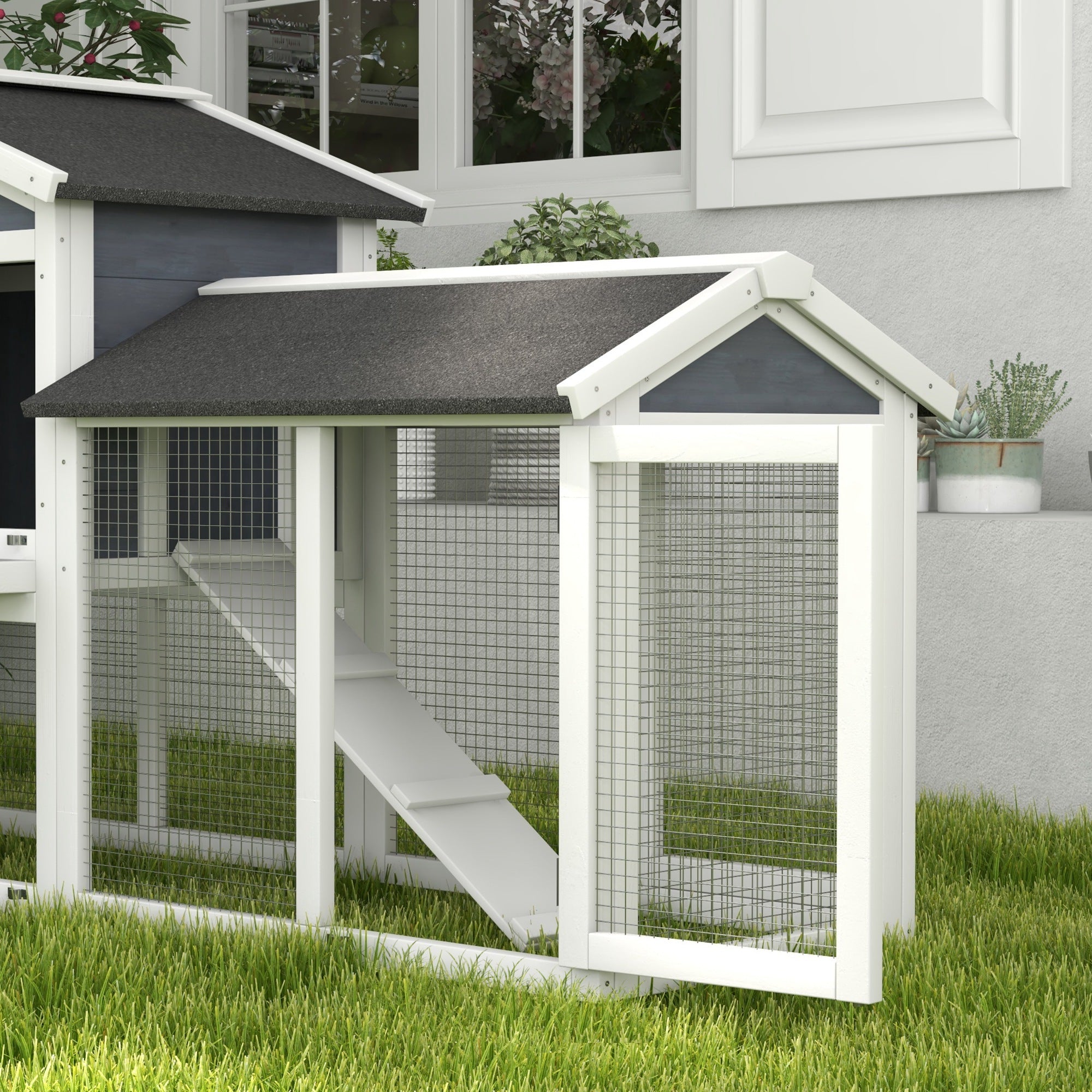 PawHut 58" Rabbit Hutch, Wooden Bunny Hutch, Guinea Pig Cage, Small Animal Enclosure with Run Area, Removable Tray, Asphalt Roof, Lockable Doors and Ramp, Gray