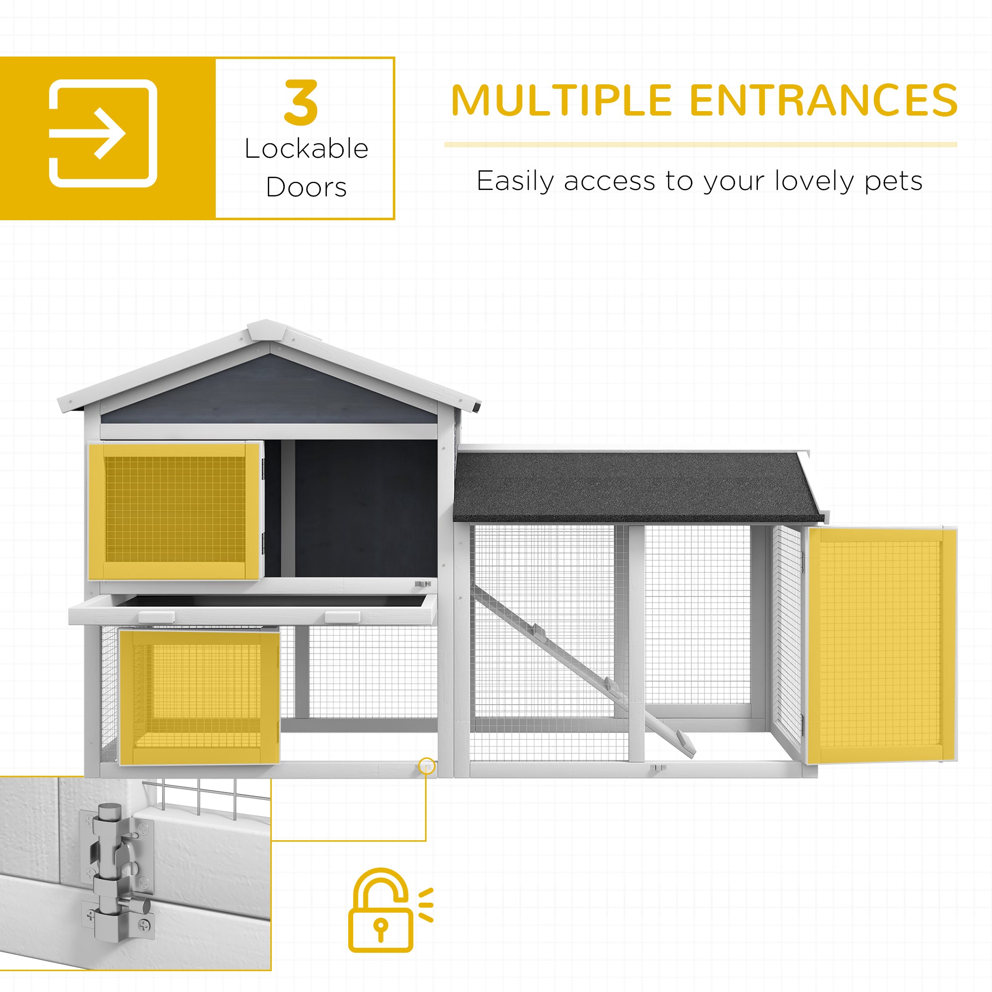 PawHut 58" Rabbit Hutch, Wooden Bunny Hutch, Guinea Pig Cage, Small Animal Enclosure with Run Area, Removable Tray, Asphalt Roof, Lockable Doors and Ramp, Gray