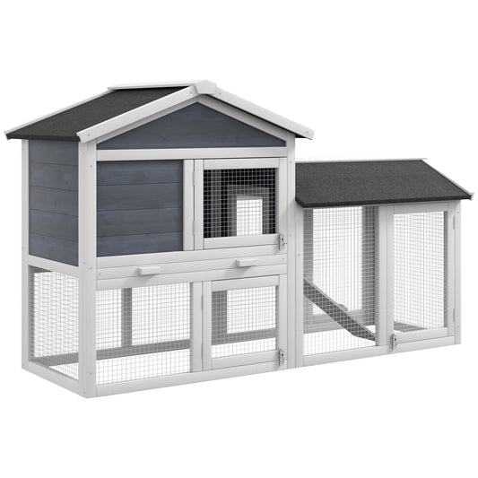 PawHut 58" Rabbit Hutch, Wooden Bunny Hutch, Guinea Pig Cage, Small Animal Enclosure with Run Area, Removable Tray, Asphalt Roof, Lockable Doors and Ramp, Gray